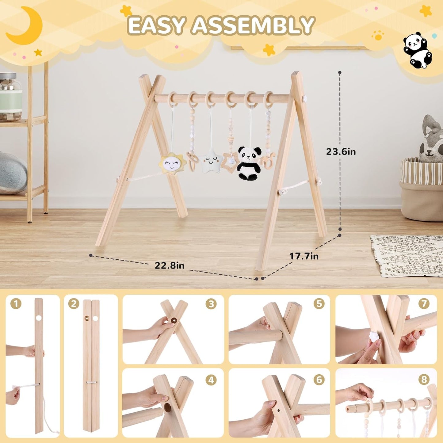 Wooden Baby Play Gym with Mat, Foldable Baby Activity Gyms with 6 Sensory Hanging Panda Toys, Tummy Time Baby Infant Toys (Butterfly)