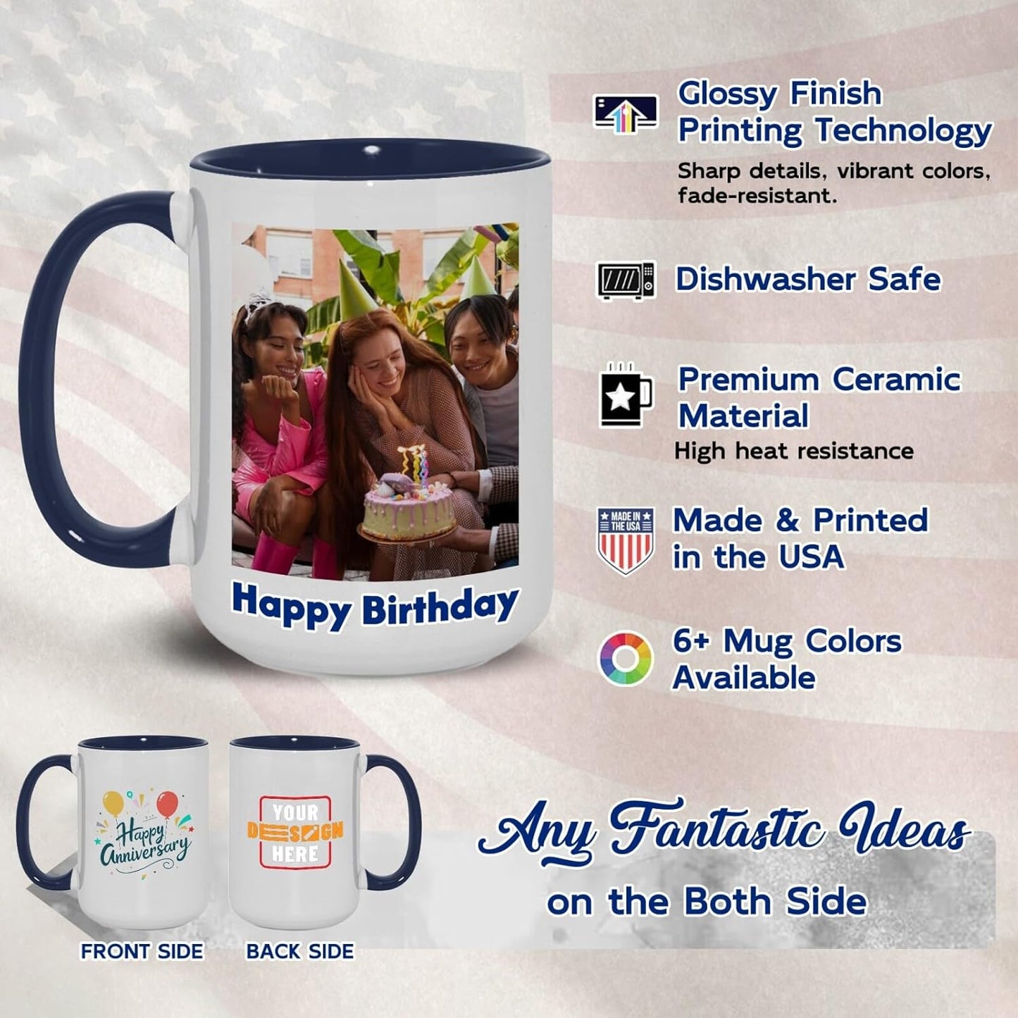 Ship Next Day Custom Mug Design Your Own Photo Text Personalized Picture Gifts for Women Men Customized Gifts Idea Personalized Coffee Mugs 15oz Dark Blue Handle