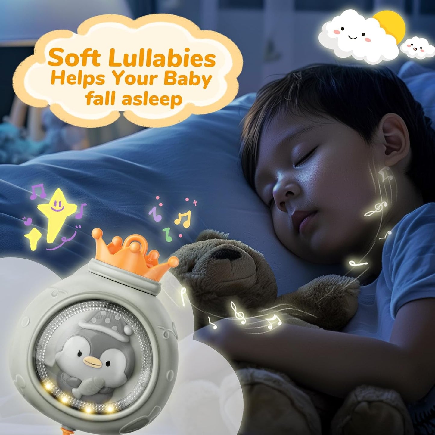 Crib Mobile with Music and Lights, Mobiles for Cribs, Baby Nursery Space Portable Infant Arm Hanger for Girls Boys Babies Bassinets Pack and Play Clip On Attachment, Toys Musical Hanging