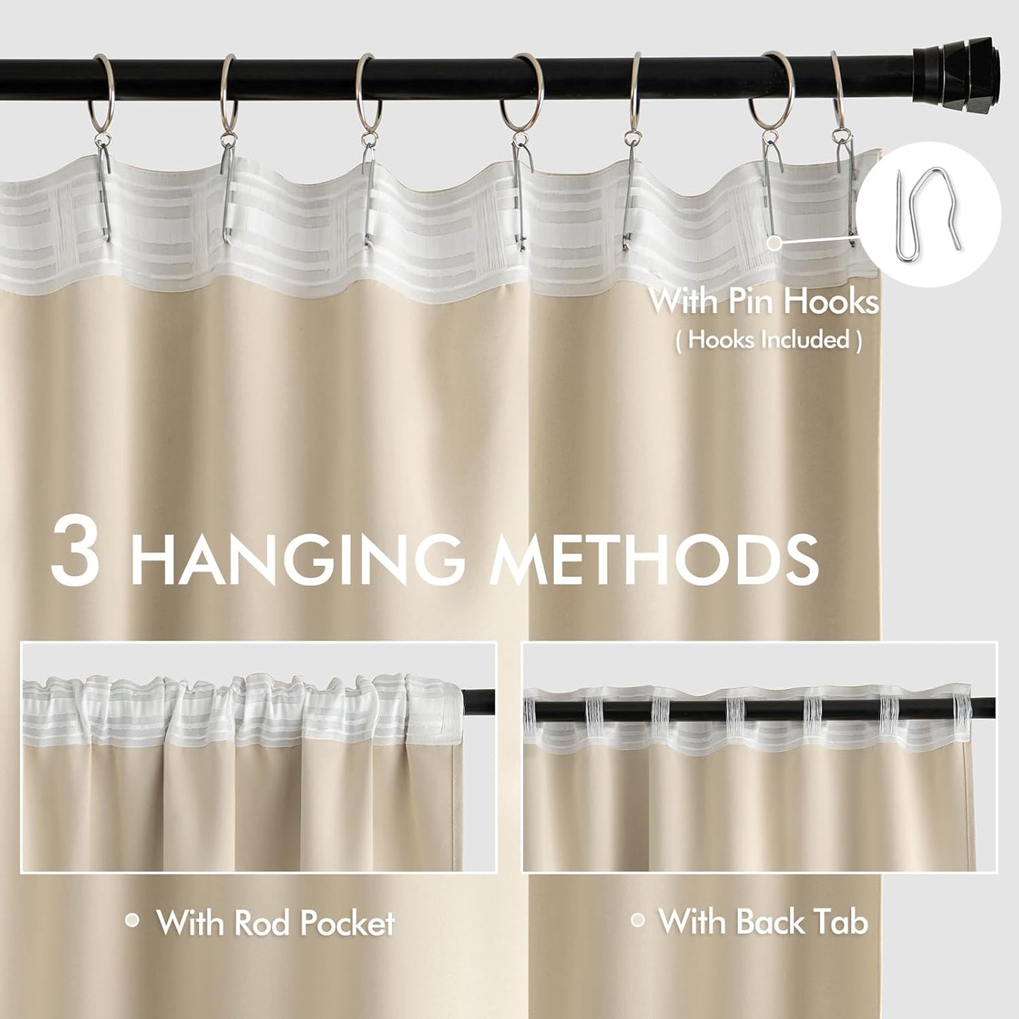 MIULEE Back Tab Cream Beige Curtains 90 Inch Long 2 Panels Set for Living Room Bedroom, Ivory Rod Pocket/Pinch Pleated Light Blocking Thermal Insulated Room Darkening Blackout Curtains, 52 x 90 Inch