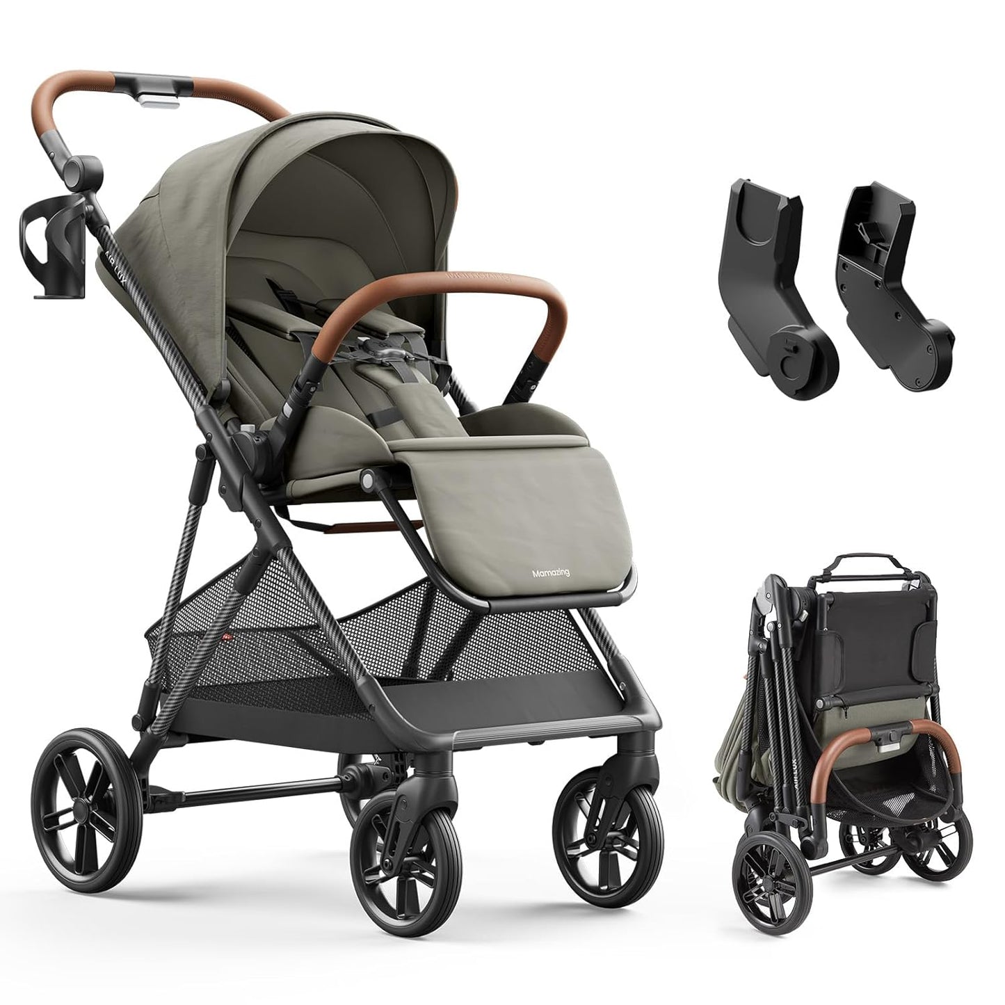 Air Lux Baby Stroller with Carbon Fiber Frame, One-Hand Fold & Reversible Seat, Magnetic 5-Pt Harness, Car Seat Adapter, 15.8lbs, Vetiver