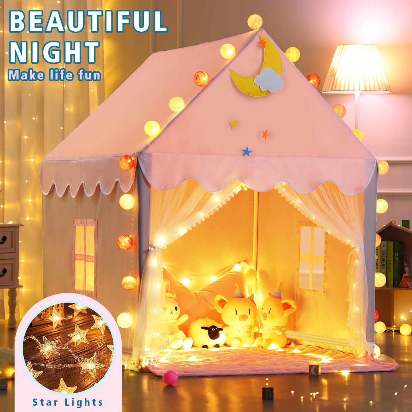Wilwolfer Kid Tent with Mat, Star Lights - Kids Play Tents for Toddlers Kids Tents Indoor Playhouse - Princess Tent for Girls Toy House Gift (Gray with Mesh)