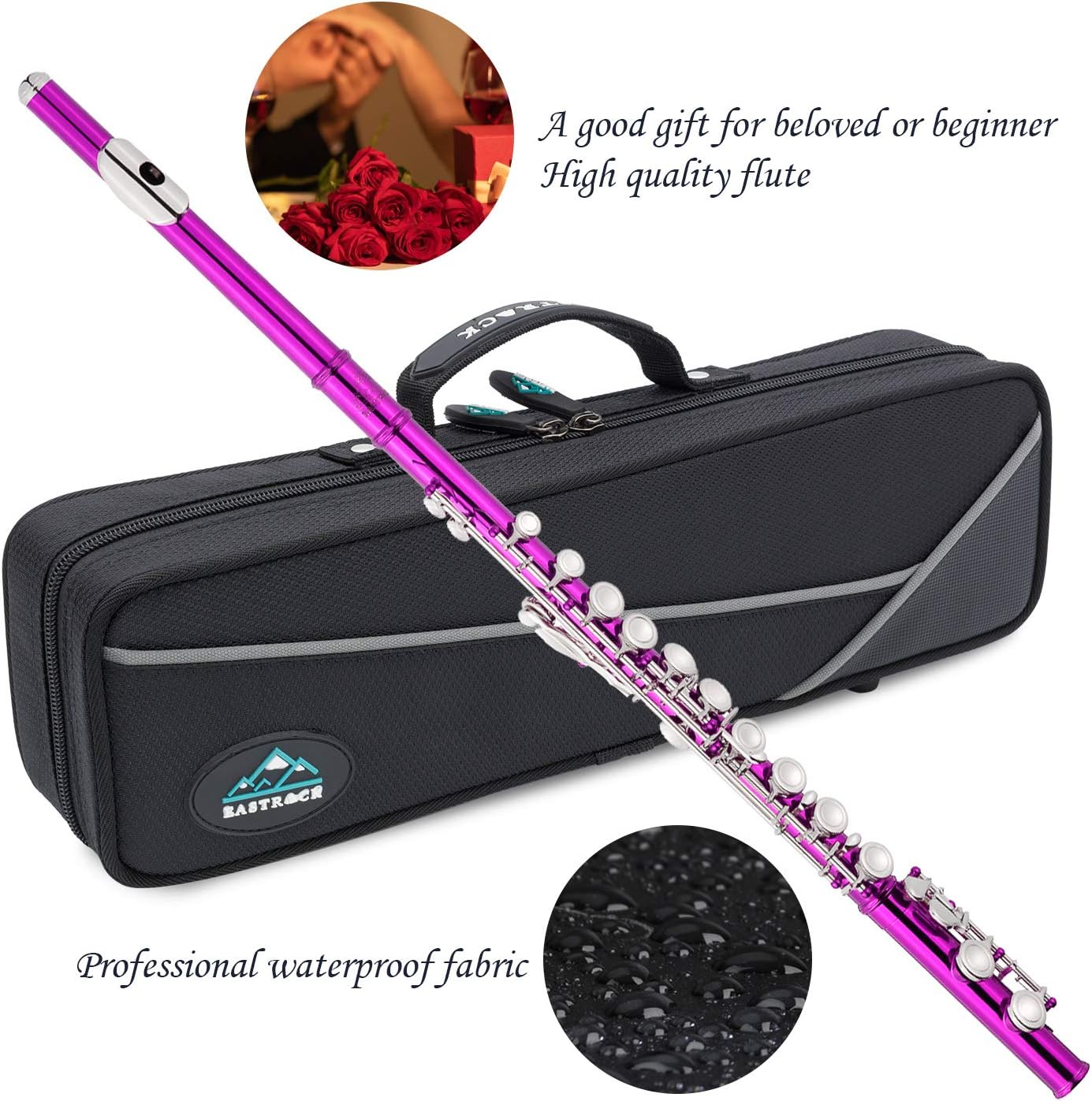 EASTROCK Closed Hole Flutes C 16 Key for Beginner, Kids, Student -Nickel Flute with Case Stand and Cleaning kit (Pink)