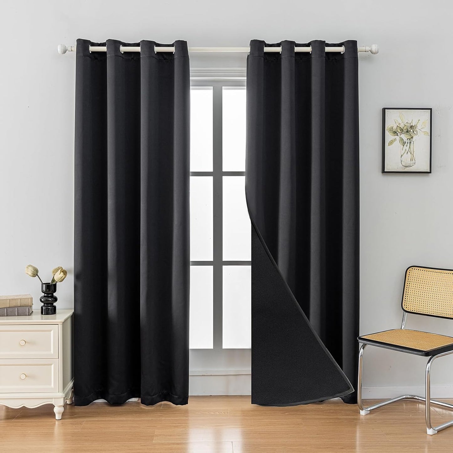 Anytime 100% Blackout Curtain Set, Thermal Insulated & Energy Efficiency Window Draperies for Guest Room, Full Shading Panels for Shift Worker and Light Sleepers（Black, 2 Panels, 52W x 80L）