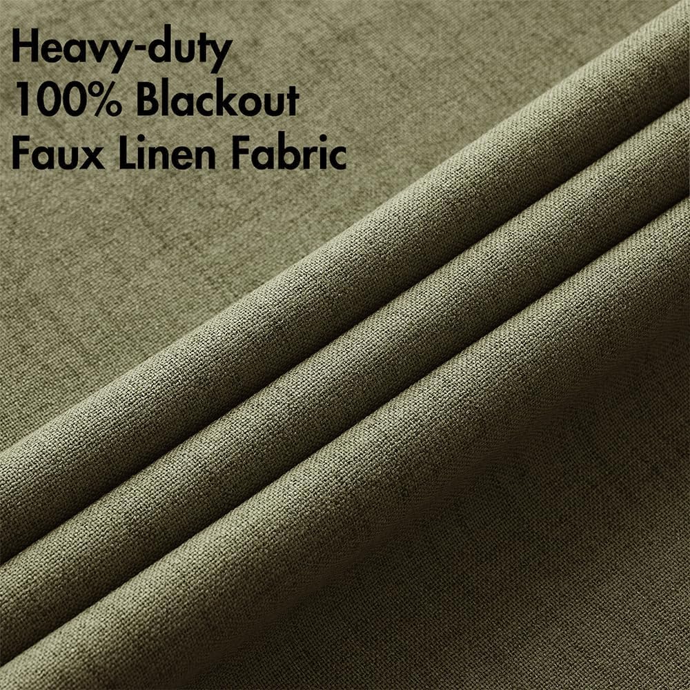 MIULEE Linen Texture Curtains for Bedroom Solid 100% Blackout Thermal Insulated Light Olive Green Curtains Grommet Room Darkening Drapes for Living Room Nursery 52x54 Inch (2 Panels)