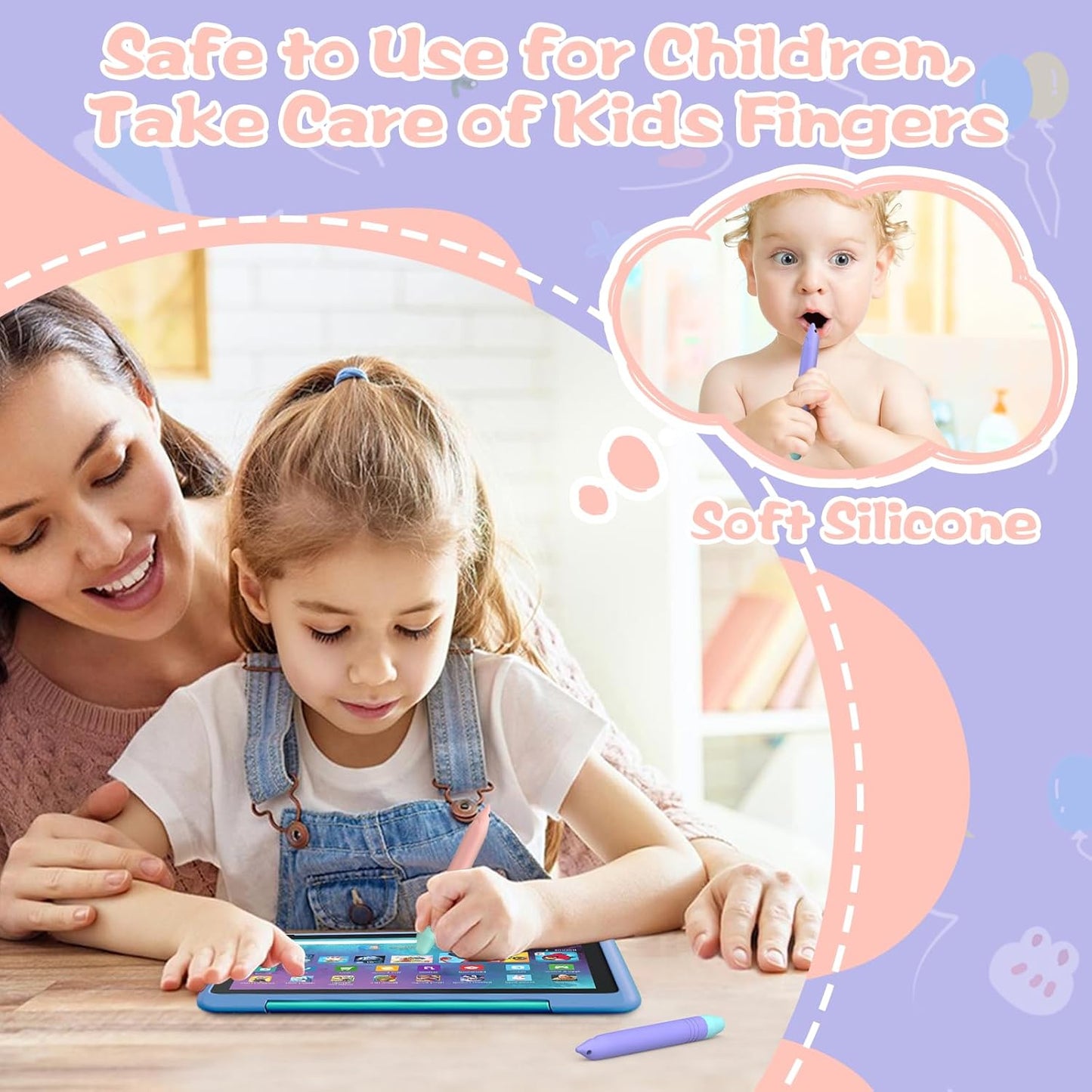 Stylus Pens for Kids, MEKO 2 Pack Kid-Friendly Tablet Pen with Tethers Work for Amazon Fire Tablet, iPad, iPhone, Android Tablets, All Touchscreen Devices (Pink+Purple)