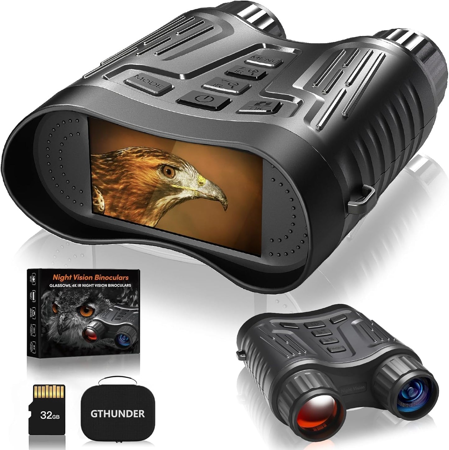 GTHUNDER Night Vision Goggles, Night Vision Binoculars – 4K UHD Video, 52MP Photos, App Remote Control, 10X Zoom, 4" HD Screen, 984ft, 7-Level IR, 4000mAh, 32GB Card – Ideal for Hunting & Security