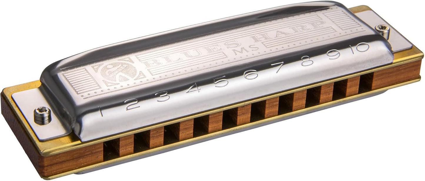 Hohner 532 Blues Harp MS Harmonica - Key of G Bundle with Case, Key Stickers, Harmonica Beginner Online Manual, and Austin Bazaar Polishing Cloth
