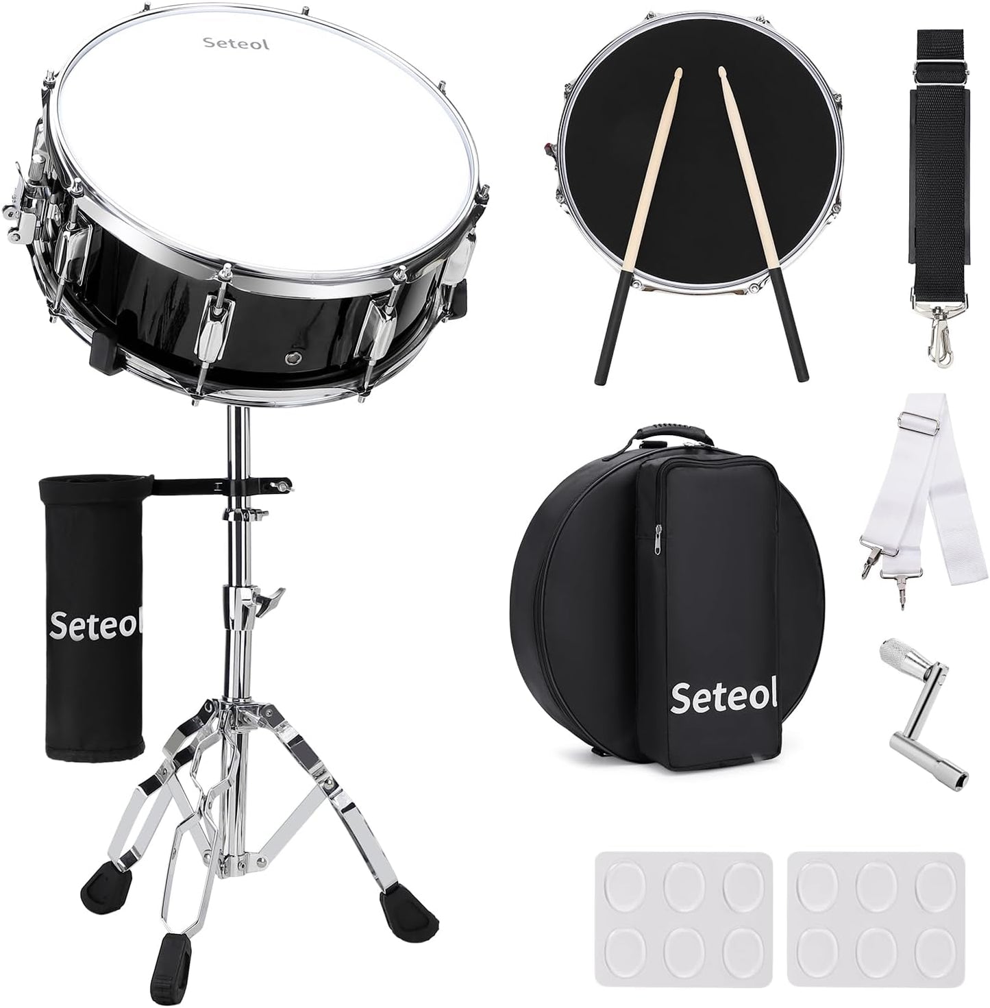 Snare Drum Set, 14" x 5.5" Marching Snare Drum with Stand & Storage Padded Bag + Silent Mute Pad + Drums Sticks + Drumstick Holder + Drums Key + Damper Gels for Adults Kids Beginners (Black)