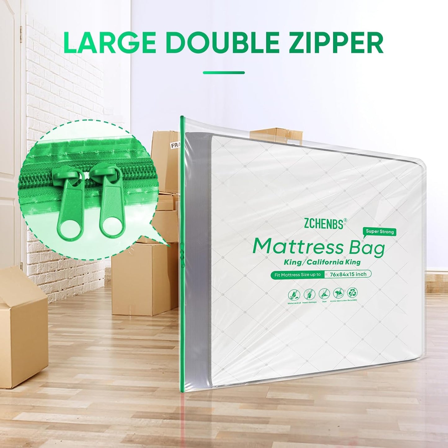 ZCHENBS® – Mattress Bags for Moving and Storage,Mattress Bag with Zippers,5 Mil Ultra-Thick Bed Bag,Waterproof,Anti-Tear,Heavy-Duty Mattress bag (Tansparent/Green, King/California King-(2 Pack))