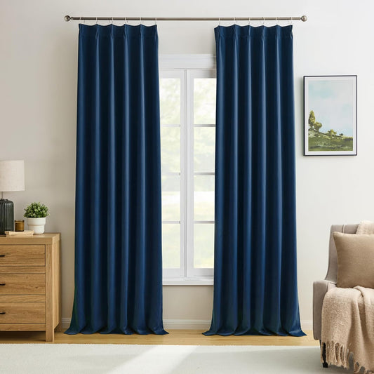 Pinch Pleated Curtains 144 Inches Long 2 Panels Set, Thermal Insulated Blackout Room Darkening Curtain for Bedroom,Window Draperies with Hooks(Navy Blue,40x144-inch)