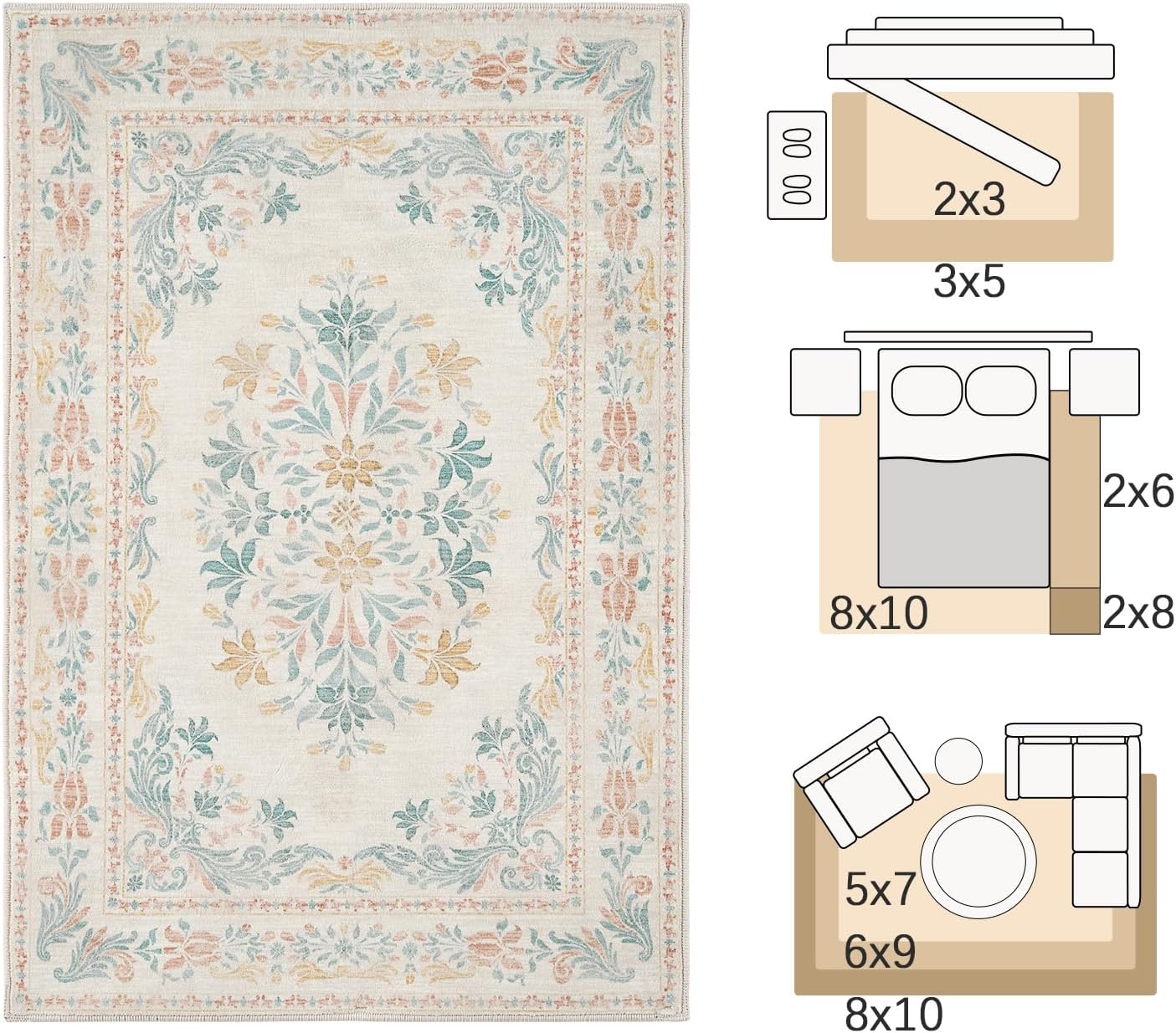 jinchan Vintage Floral 6x9 Area Rugs for Living Room - Machine Washable Distressed Design Soft Throw Rug Ultra-Thin Non-Slip Large Carpet for Bedroom Nursery Dining Room Home Office (6x9ft,Apricot)