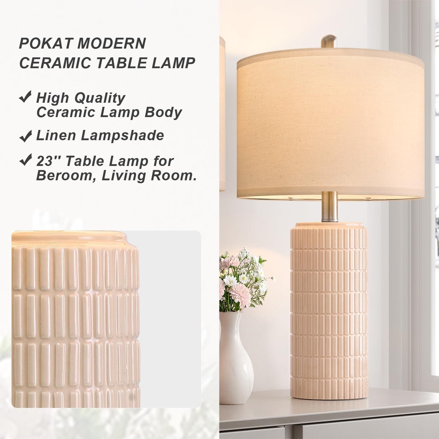 PoKat 23" Pink Ceramic Table Lamps Set of 2, Modern Bedroom Lamps for Girls Room, Bedside Lamps for Night Stands, Cute Lamps for Living Room Decor, Nightstands Desk Lamp, Pink