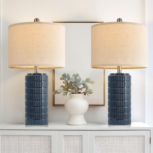 PoKat 23" Blue Table Lamps, Farmhouse Bedside Lamps for Bedroom Set of 2, Ceramic End Table Lamps for Living Room, Traditional Nightstand Desk Lamps, Medium