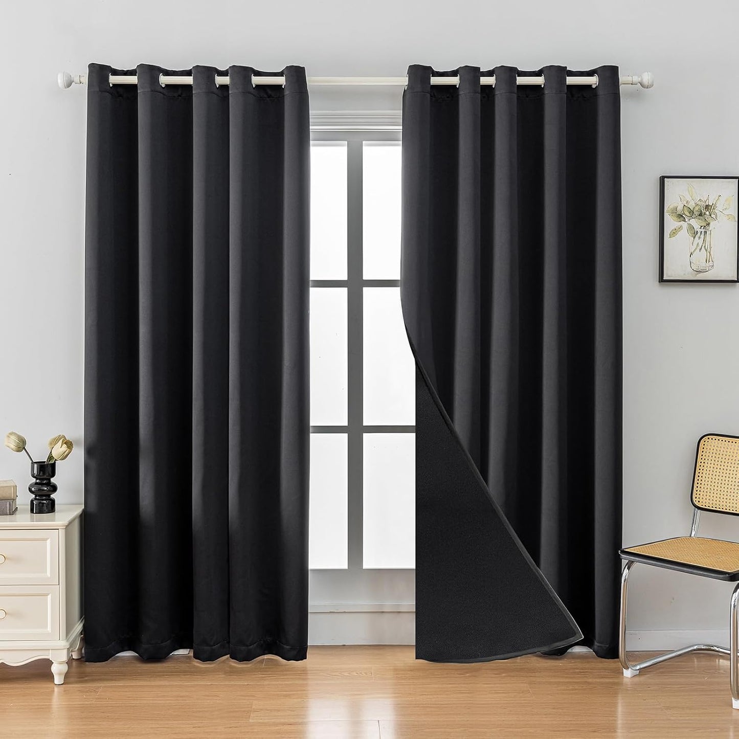 Anytime 100% Blackout Curtain Set, Thermal Insulated & Energy Efficiency Window Draperies for Guest Room, Full Shading Panels for Shift Worker and Light Sleepers（Black, 2 Panels, 70W x 95L）