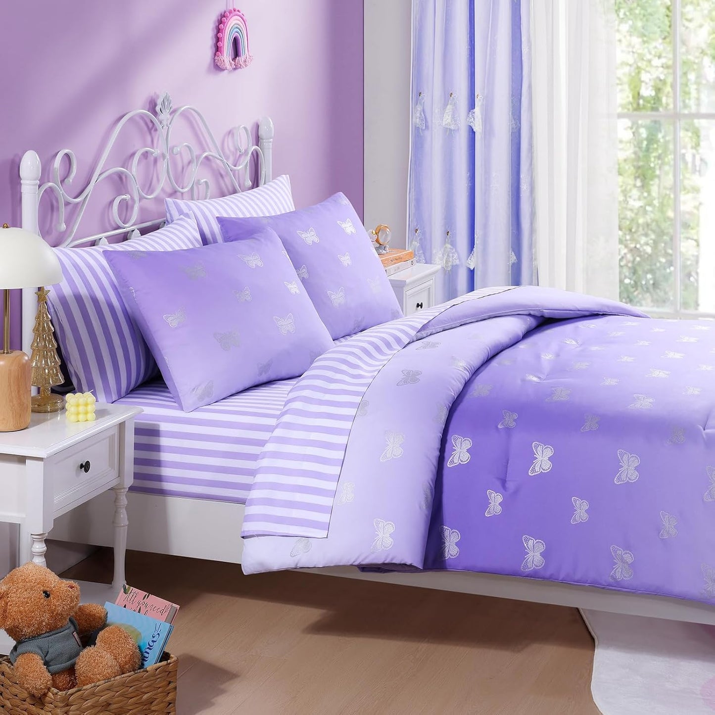 Queen Comforter Set with Sheets for Girls-7 Pieces Queen Bedding Sets with Purple Comforter, Sheets, Pillowcases & Shams for Kids (Purple Butterfly, 90" X 90")