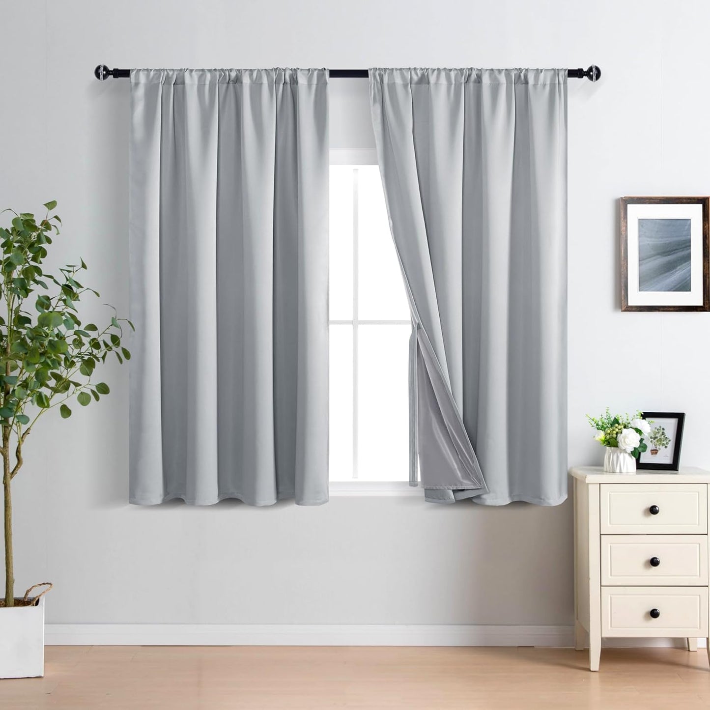 XWZO Full Shading Blackout Curtains 54 Inches Length with Tiebacks- Heat and Light Blocking Rod Pocket Window Drapes with Black Liner Backing for Bedroom/Kid's Room, Light Grey, W52 x L54, Set of 2