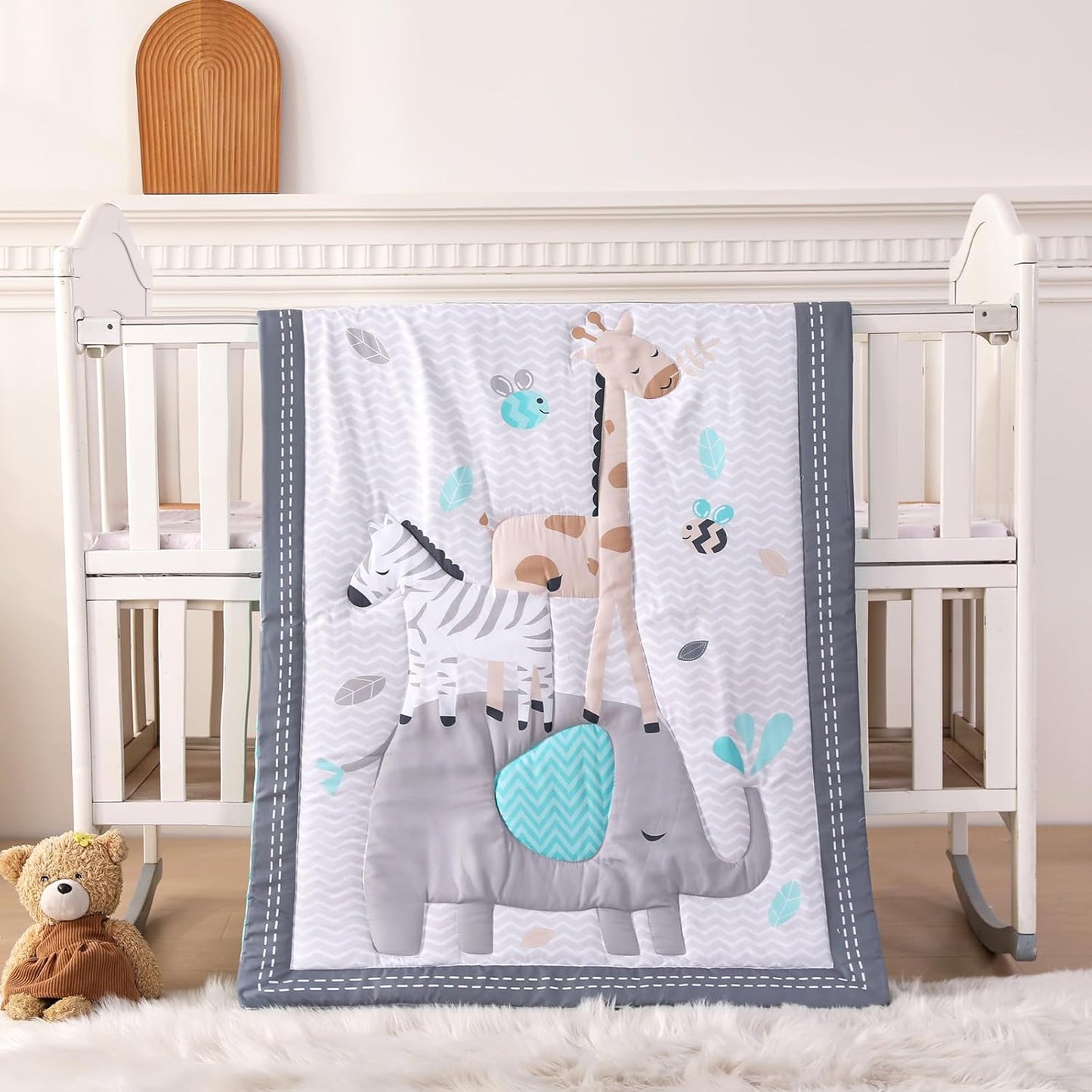 Wowelife Mini Crib Bedding Set Boy, 3 Piece Baby Bedding Set Nursery Bedding Set Elephant, Giraffe, Zebra Breathable Soft for Baby Boy with Comforter, Crib Fitted Sheet and Crib Skirt, Gray