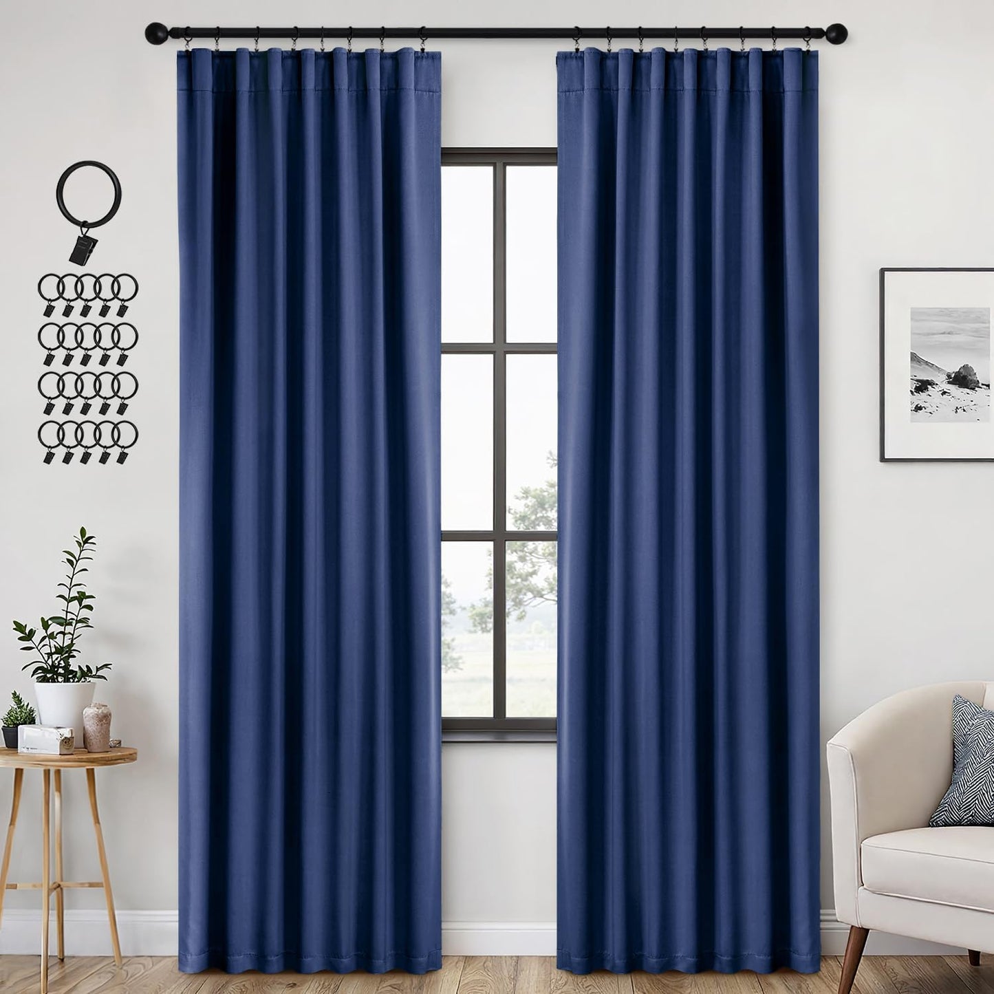 ANRODUO Back Tab Blackout Curtains for Bedroom Living Room, Rod Pocket Pinch Pleated Thermal Insulated Room Darkening Curtains 90 Inches Long 2 Panels, Navy Blue, 42 x 90 Inch
