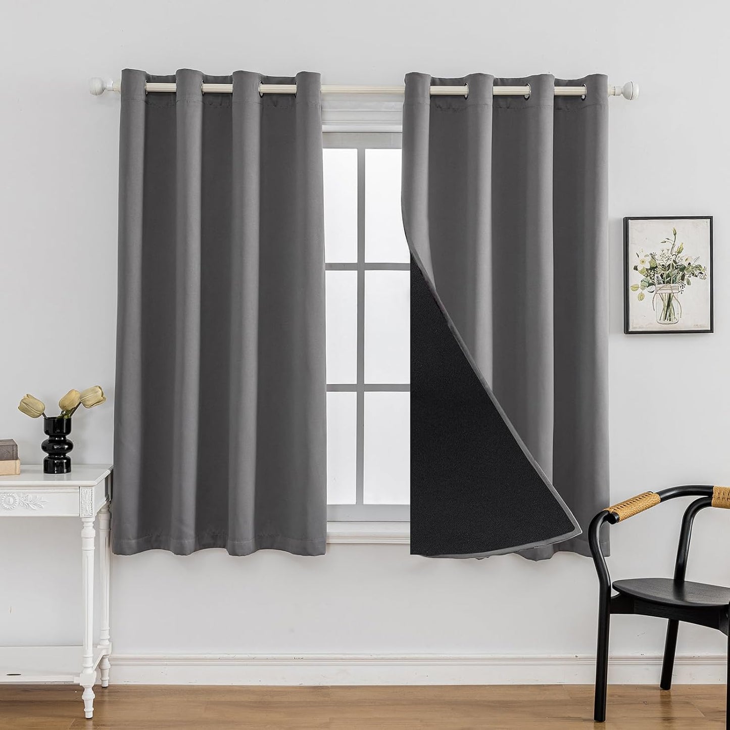 Anytime 100% Blackout Curtain Set, Thermal Insulated & Energy Efficiency Window Draperies for Guest Room, Full Shading Panels for Shift Worker and Light Sleepers（Grey, 2 Panels, 52W x 63L）