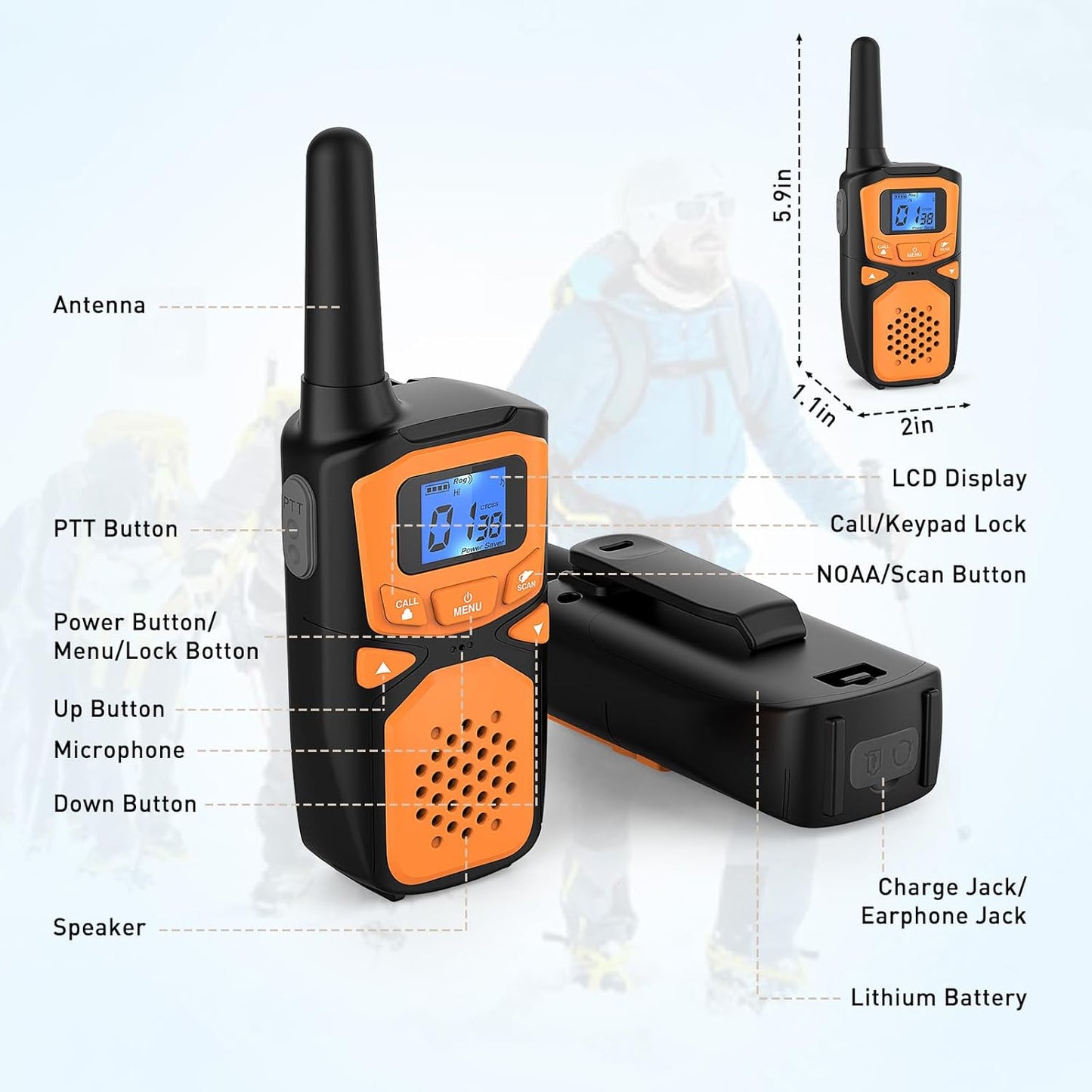 WokTok Rechargeable Long Range 2 Pack Walkie Talkies - 22 Channels VOX Scanning LCD Display - Ideal for Family Camping and Hiking