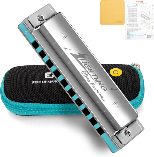 East top Harmonica, Advanced Blues Harmonica Key of C, 10 Holes Blues Harp Mouth Organ Harmonica with Silver Cover, Diatonic Harmonica For Adults, Professionals and Students, as a Gift