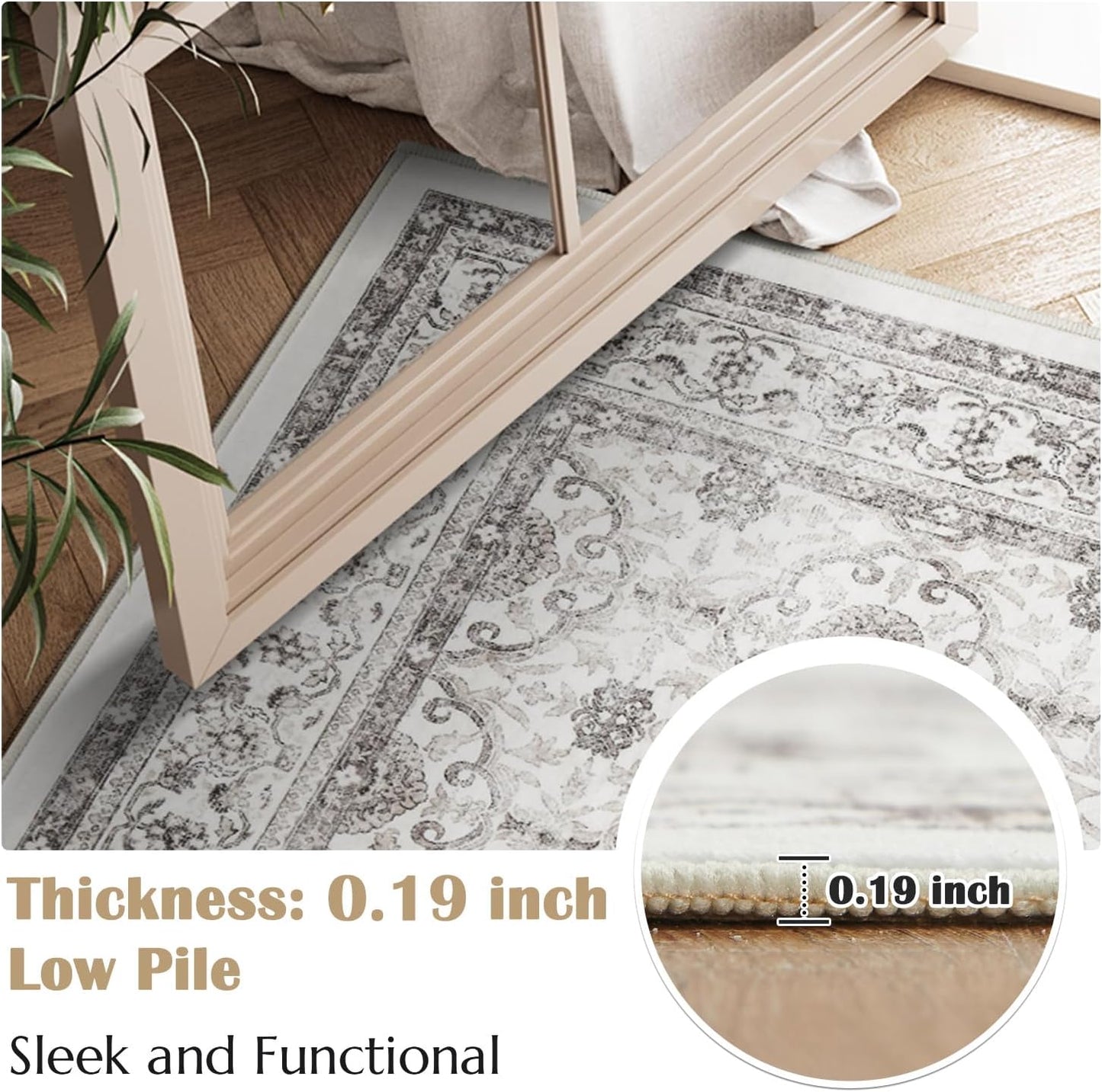 jinchan Hallway Runner Rug 3x10 - Machine Washable Beige Vintage Floral Distressed Design Soft Non-Slip Low-Pile Ultra-Thin Runner Rug for Kitchen Laundry Room Bedroom Farmhouse (3‘x10',Beige)