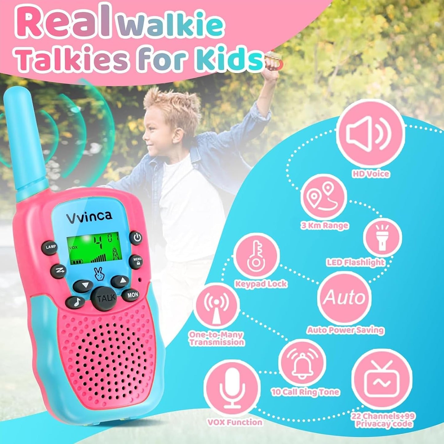 Vvinca Toys for 3-12 Year Old Girls, Rechargeable Walkie Talkies for Kids 22 Channels 2 Way Kids Walkie Talkie with Flashlight for Camping Hiking Indoor Outdoor 3 4 5 6-12 Boy Girl Birthday Gifts Pink