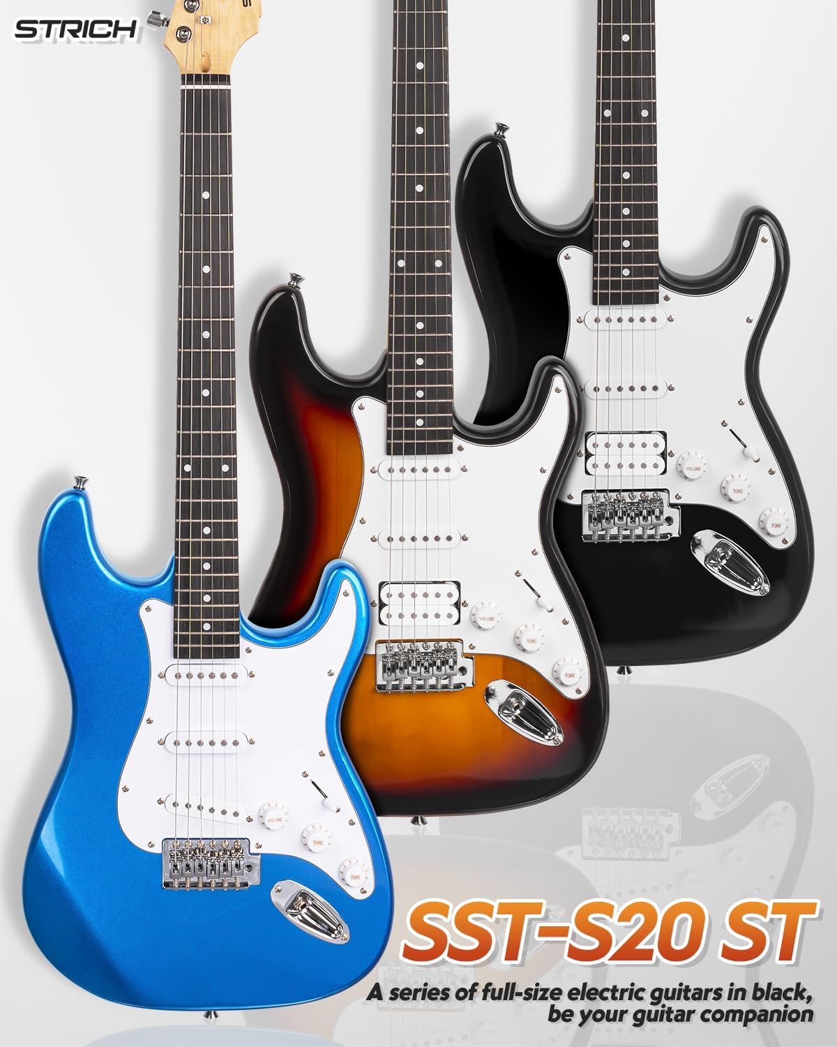 STRICH Electric Guitar Beginner Kit, Solid Body 39" Full Size Electric Guitar HSS Pick Up for Starter, with 10W Amp, Bag, Digital Tuner, Capo, Strap, String,Cable, Picks, SST-S20 Sunburst