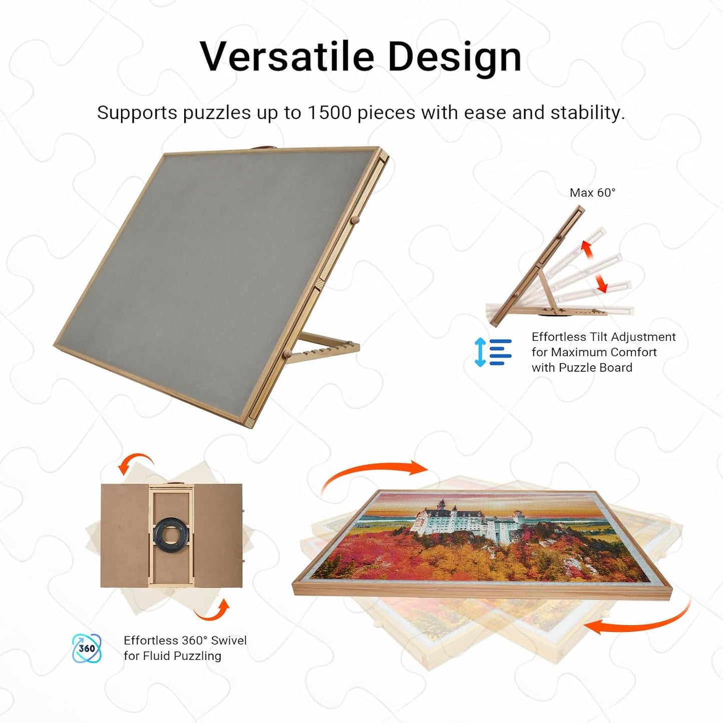 Wooden 2-in-1 Rotating & Tilting Puzzle Board for 1500 Pieces, 26"x36" Jigsaw Puzzle Table with Drawers, Cover & Lazy Susan, 60° Ergonomic Non-Slip Surface, Portable Board with 4 Sorting Trays