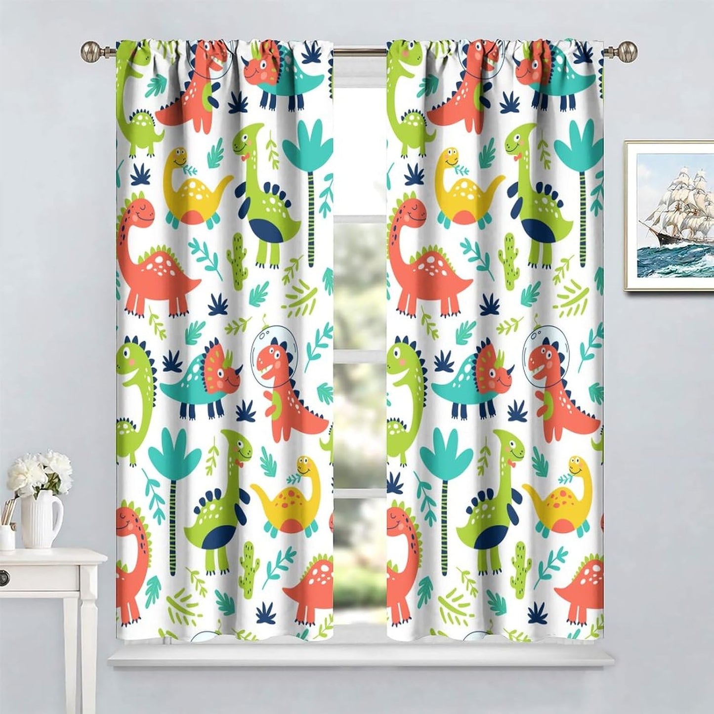 Rustic Dinosaurs Curtains Colorful Dino Kids Boys Cartoon Cute Cool Funny Decor Printed Blackout Rod Pocket Window Drapes for Living Room Bedroom W26xL84in 2 Panels