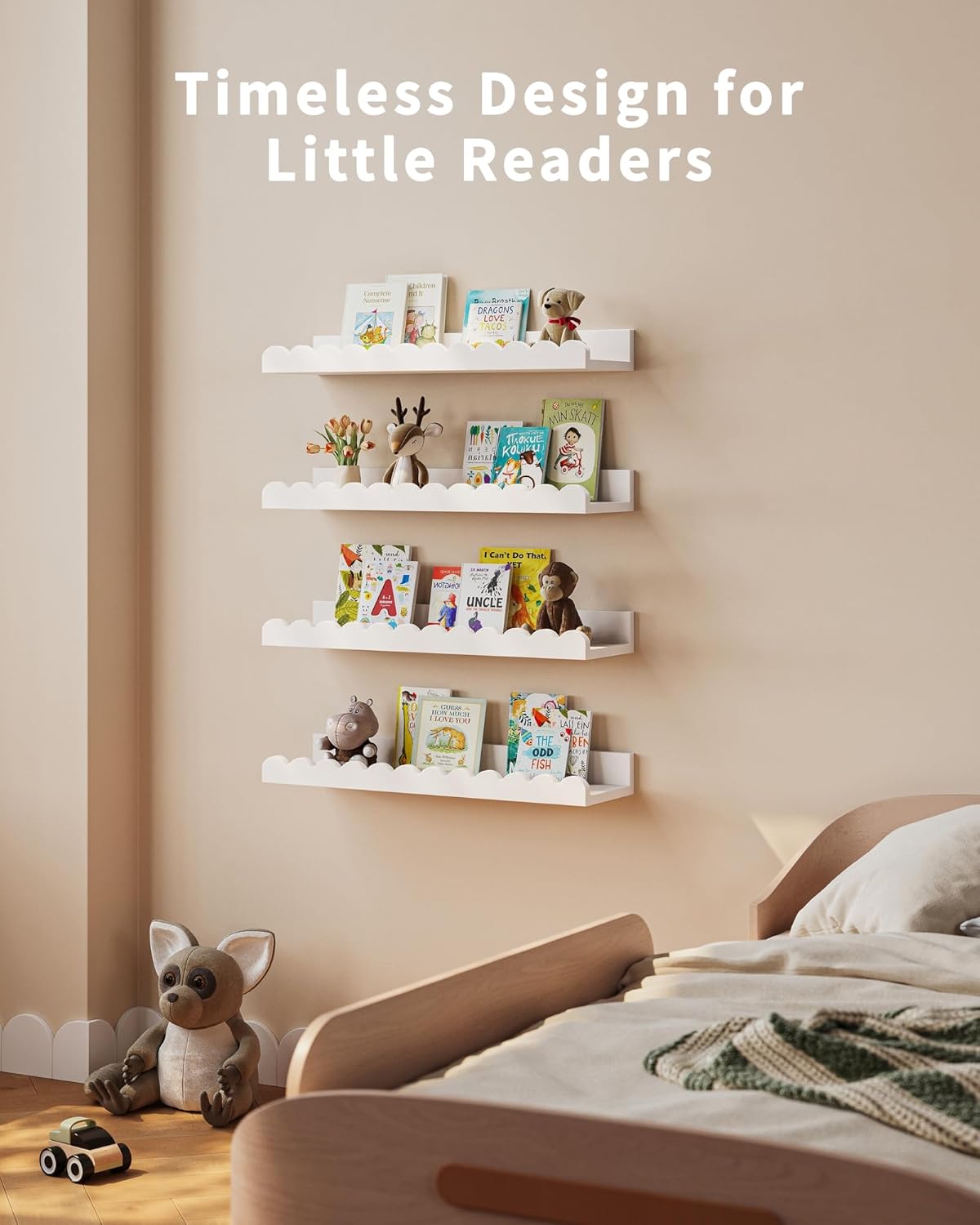 Nursery Book Shelves, 4-Pack White Floating Shelves for Wall Kids, Scalloped Shelves, Wall Book Shelves for Bedroom Kids, Toddler Room, Baby Room, Nursery Decor