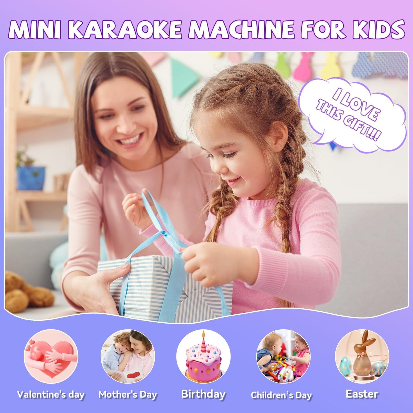 【2025 Newest】 Mini Karaoke Machine for Kids Girls & Boys - Portable Bluetooth Speaker with 2 Wireless Microphones - Kids Birthday Gifts for Ages 4-10 - Kids' Instrument Accessories - Purple