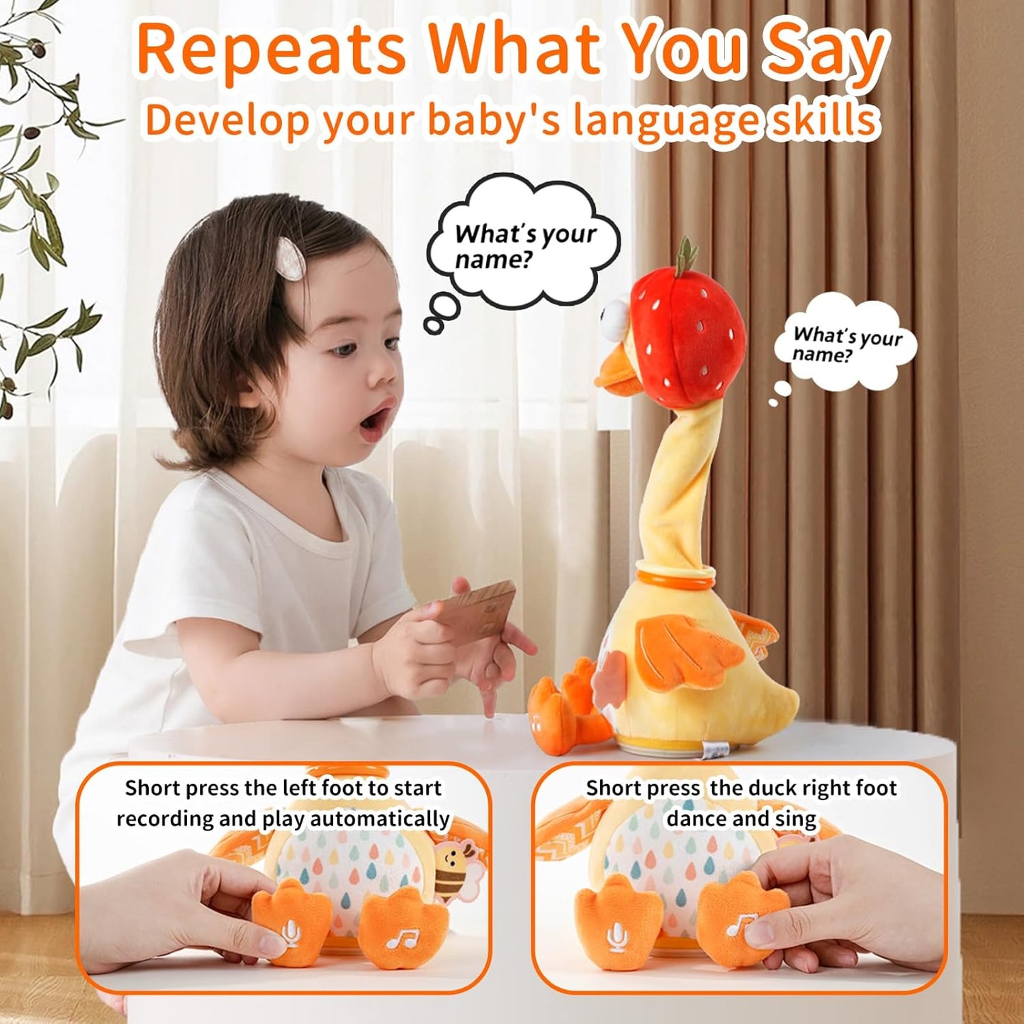 Jollybaby Plush Talking Singing Dancing Musical Strawberry Duck Toy for Toddlers 1-3 Just Like Cactus Toy, Music Mimicking Interactive Toys for Crawling Kids, Sensory Gift for Baby 0-6-12 Month