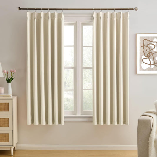 KEQIAOSUOCAI Cream Pleated Blackout Bedroom Curtains 72 Inches Long 6 Ft Length, Summer Heat Thermal Insulated Pinch Pleat Vertical Drapes Cute Window Drapes for Bedroom(Beige,40"x72"x2 Panels)