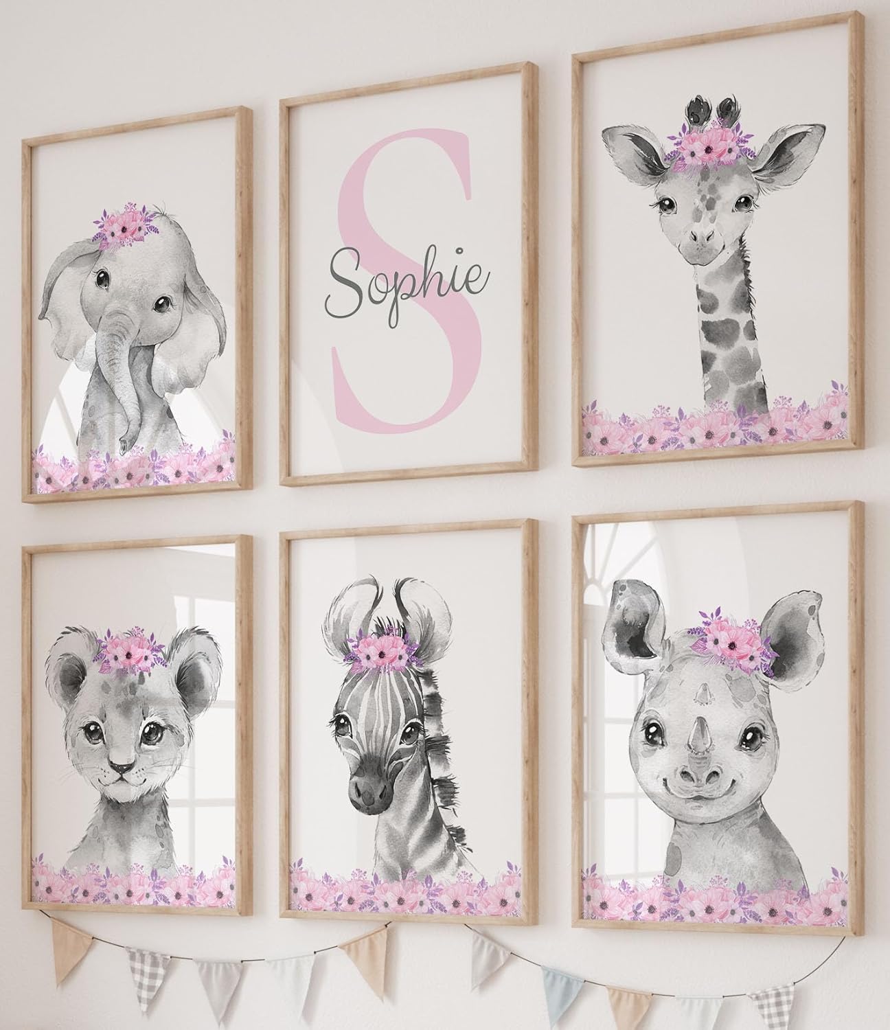 Personalized Safari Animals for Baby Girls Nursery Bedroom Unframed Set of 6 Poster Prints, Personalized Name Pink Purple Flowers Wall Art Decor New Baby Gift Present, Elephant Giraffe Panda Zebra Lion (12x16)