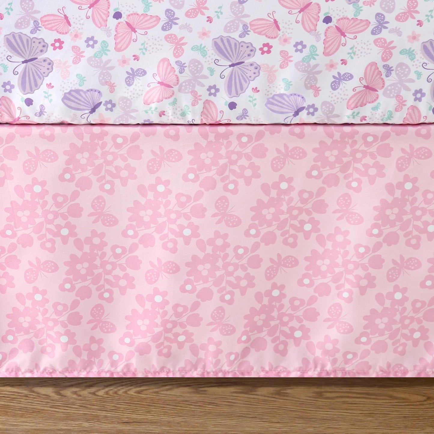 The Peanutshell 3 Piece Baby Crib Bedding Set for Girls - Newborn, Infant & Toddler Nursery Bed Set Decor with Fitted Crib Sheet, Dust Ruffle Comforter - Butterfly Song