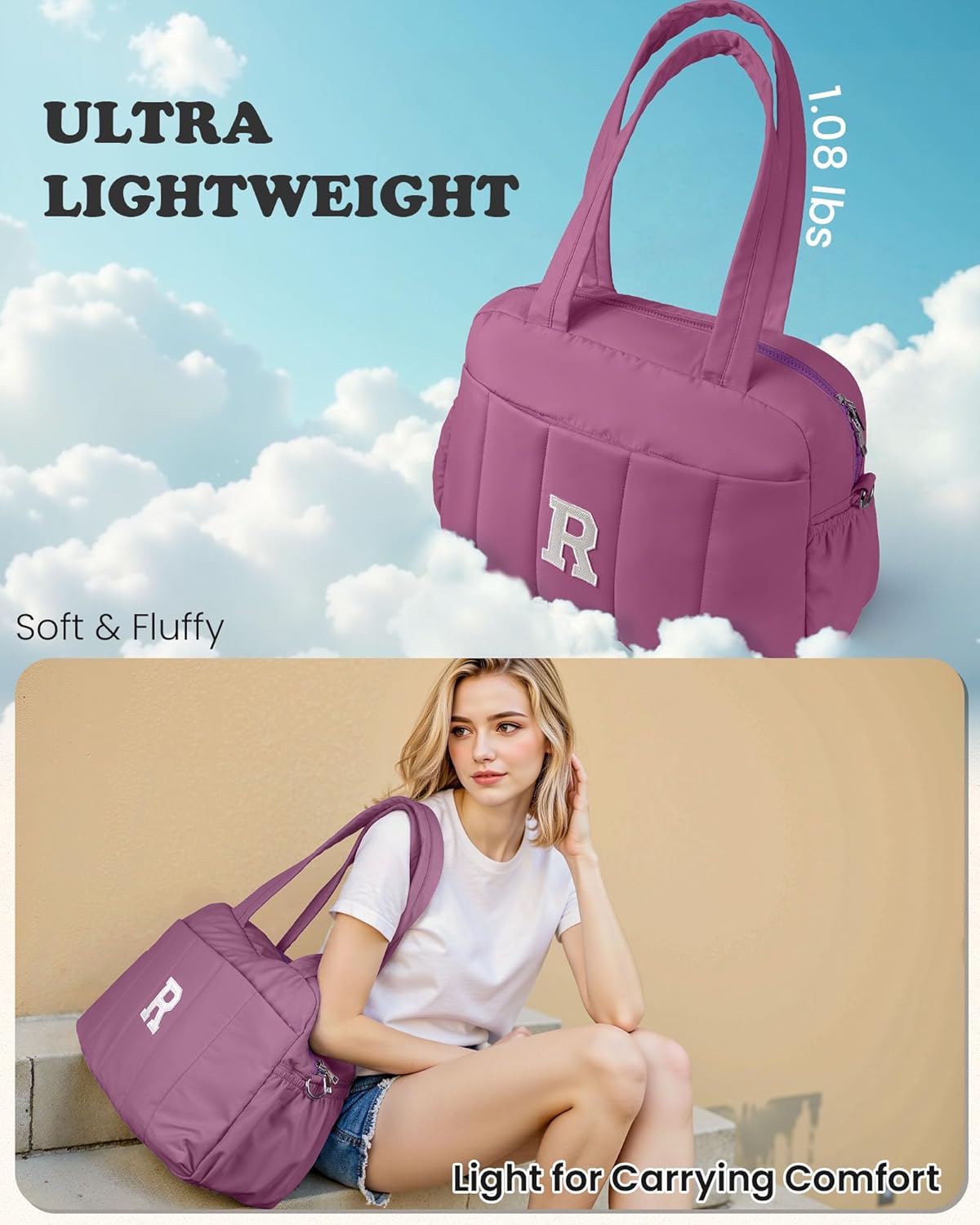 Duffle Bag with Initial, Spend The Night Bags for Women，Sweet Gift-Overnight Bag with Wet Pocket，Lightweight Travel Bags Personalized Gym Tote with Makeup Pouch