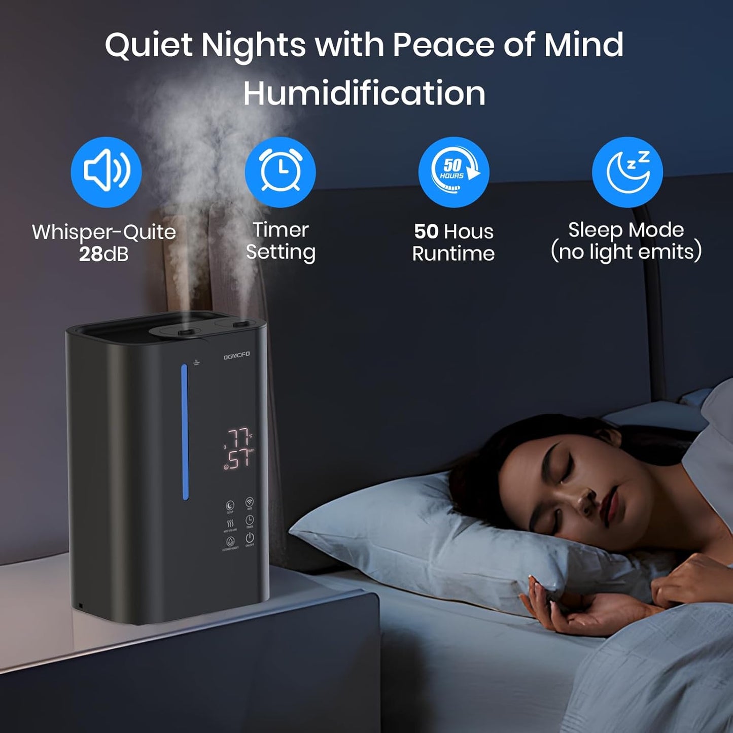 5L Cool Mist Humidifiers for Bedroom Large Room, Top Fill Ultrasonic Smart Air Humidifier for Baby & Plants with Essential Oil Diffuser, 50H Runtime 28 dB Quiet Baby Humidifier