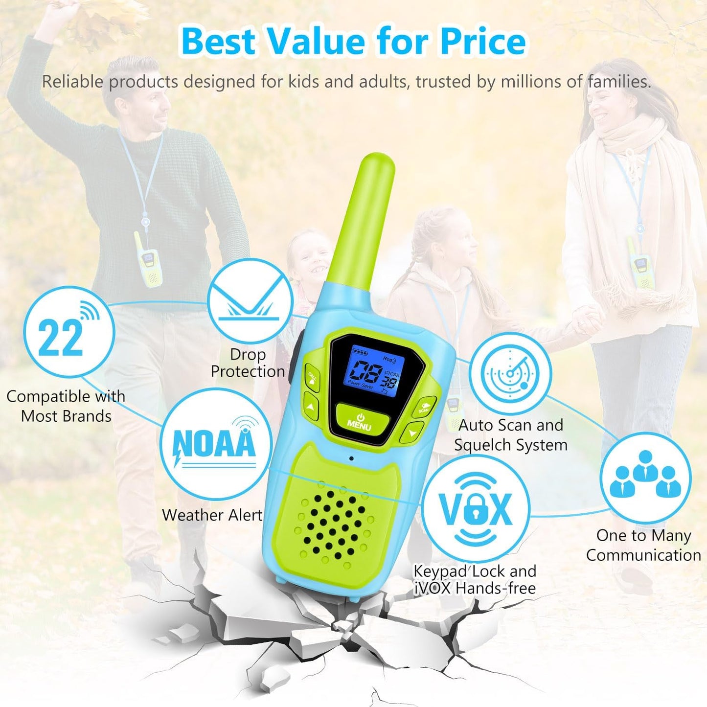 Walkie Talkies for Kids Adults Long Range Rechargeable 3 Pack, FRS 2 Way Radio Toy for 3-12 Year Old Boys Girls Toddlers, Shockproof NOAA Walkie-Talkie 4 Miles for Family Camping Skiing Cruise