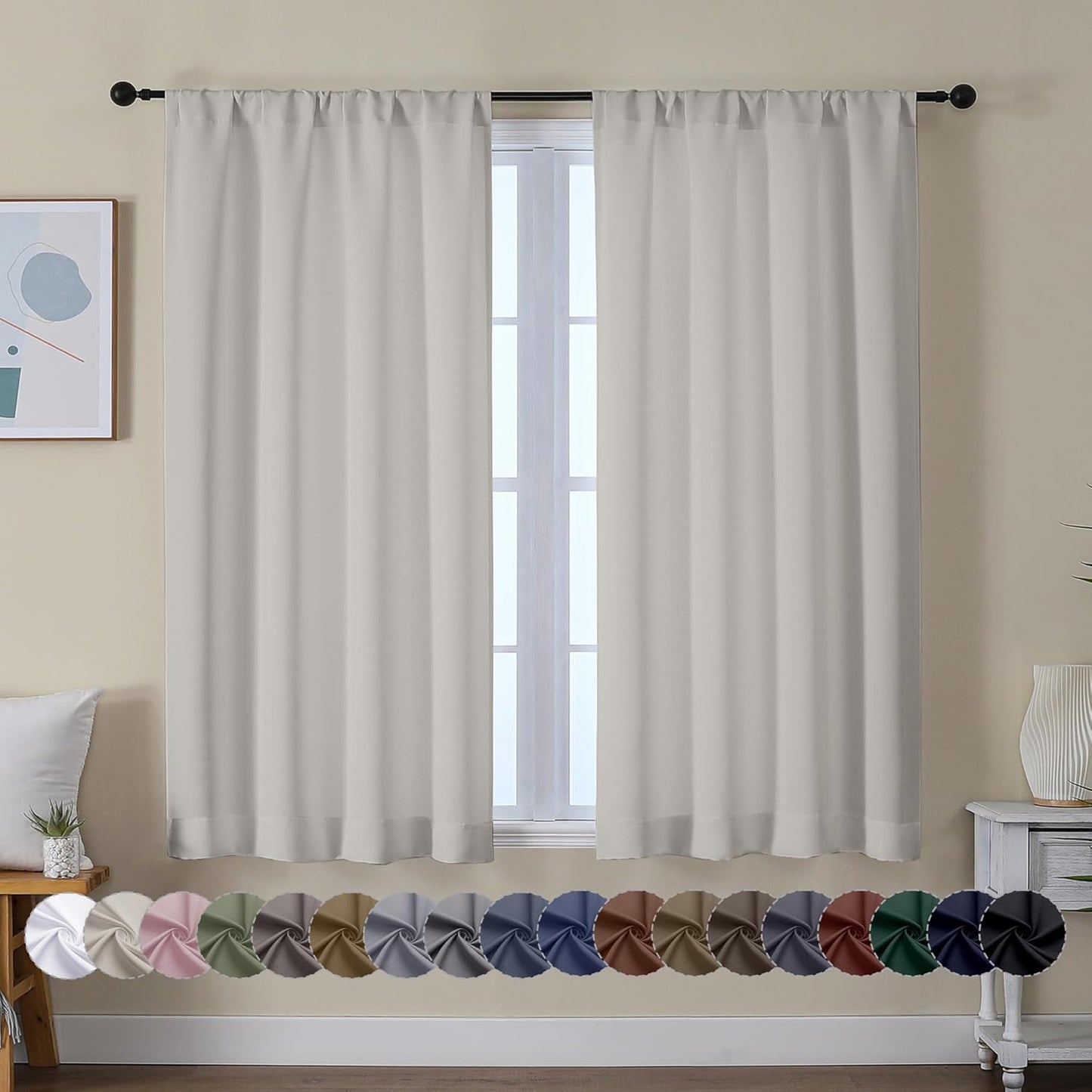 Simplebrand Ava Natural Short Blackout Curtains for Bedroom 45 Inches Long 2 Panels Set, Solid Thermal Insulated, Energy Saving Window Treatment Curtains Blackout Drapes, W40 x L45 Inch, Natural