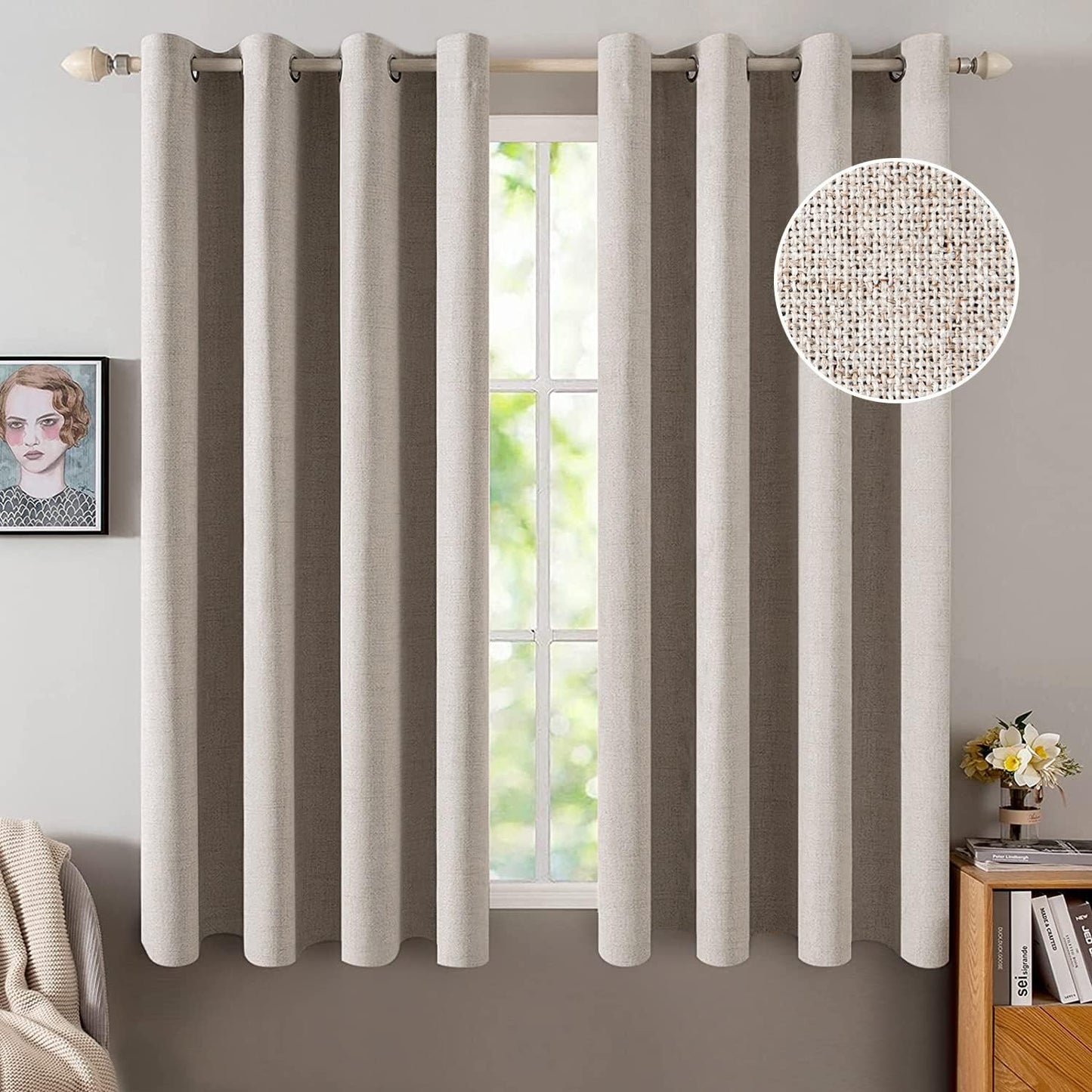 MIULEE Blackout Curtains for Bedroom Linen Texture Solid Thermal Insulated Natural Khaki Grommet Room Darkening Curtains & Drapes Luxury Decor for Living Room Nursery 52x54 Inch (2 Panels)