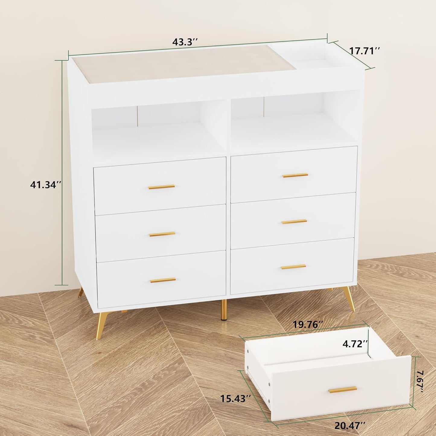 Changing Table Dresser with Drawers, Baby Dresser with Changing Table Top, Power Outlet, LED Light & Metal Feet, Diaper Changing Station Nursery Organizer for Infants Newborn, White