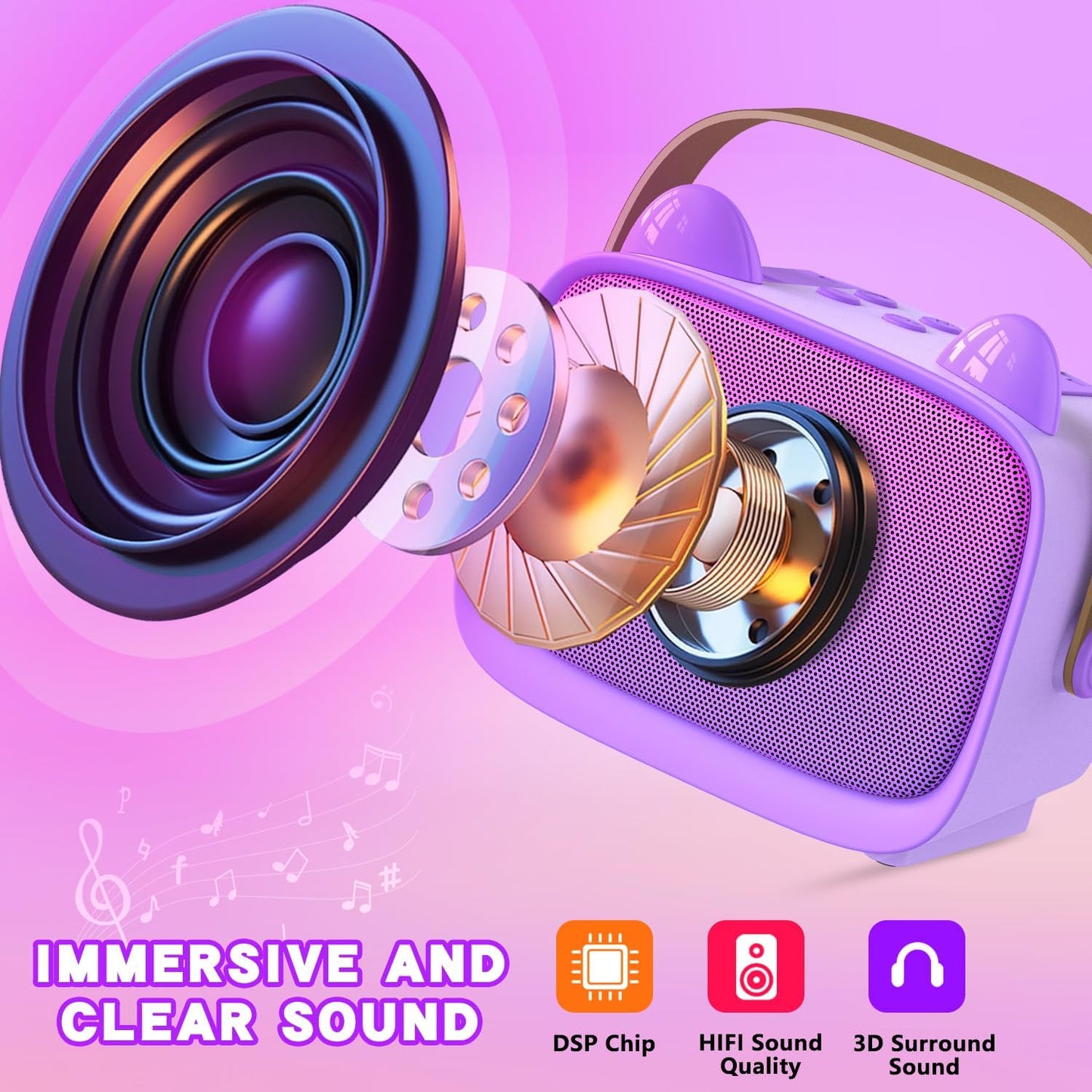 Mgaolo Upgraded Mini Karaoke Machine Toy for Kids, Portable Bluetooth Speaker with 2 Wireless Mics, Emoji & Colorful LED Lights, Home Travel & Party Play Gifts for Boys Girls (Purple)