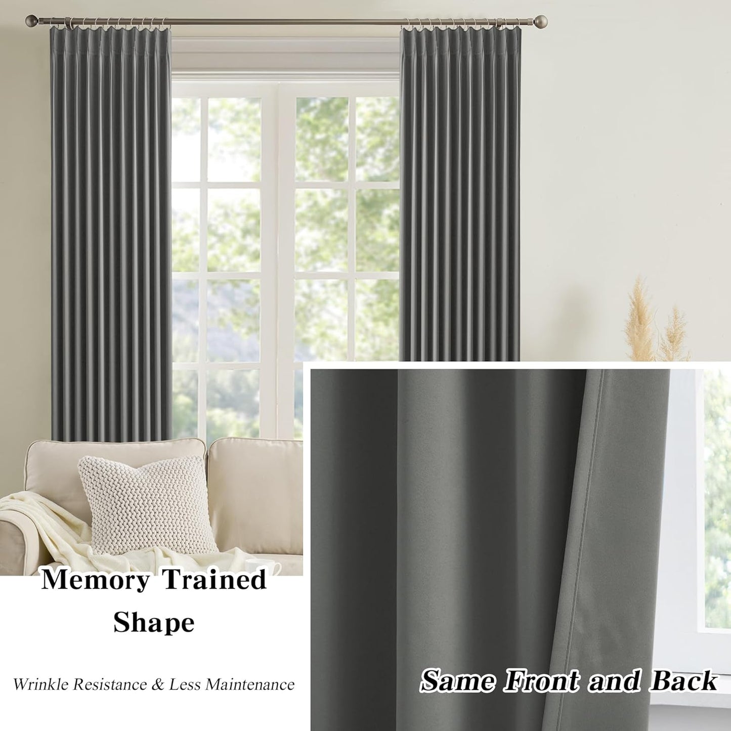 KEQIAOSUOCAI Blackout Pleated Curtains 95 Inches Long, Privacy Window Drapes for Living Room/Dining Room/Bedroom, 72 Wide x 95 Inch Long,Grey Color, Pinch Pleat with Hooks, 2 Panels