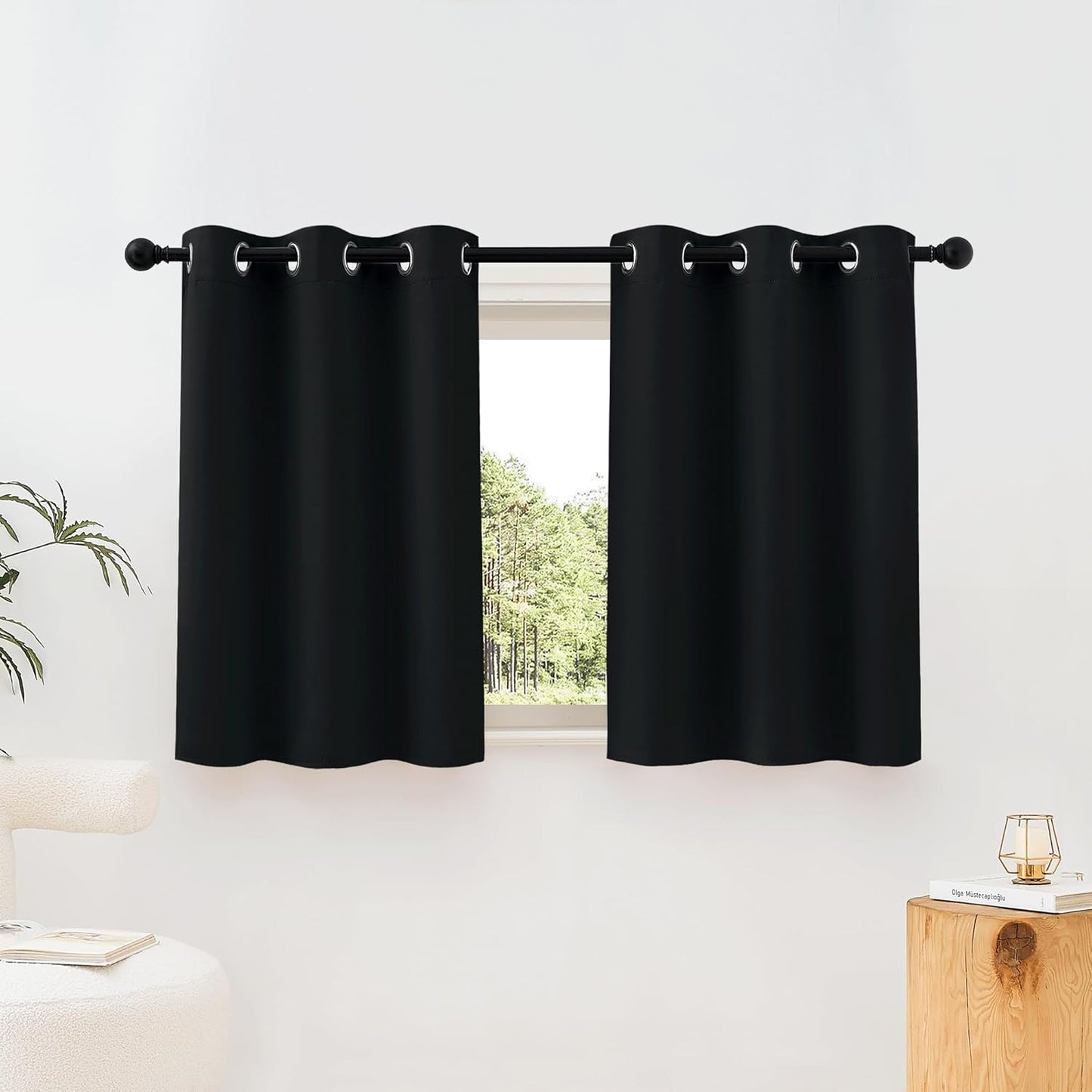 NICETOWN Black Blackout Curtains 36 inch Curtains for Kitchen, Grommet Solid Window Treatments Sound Reducing for Bedroom, 2 Panels, W37 x L36, 2 Panels