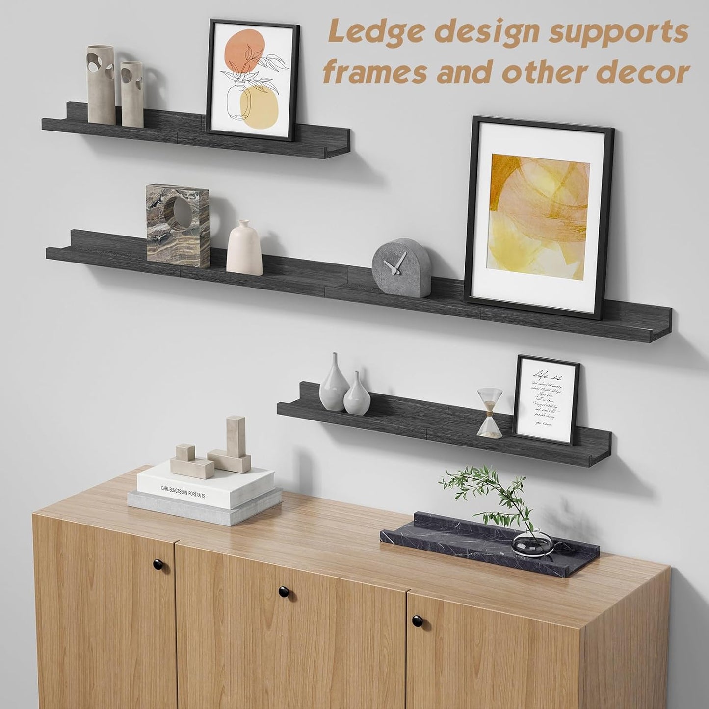 Forbena Black Floating Shelves for Wall with Lip Set of 4, Small Picture Ledge Shelf for Living Room Bedroom Books, Wood Wall Mounted Shelves for Bathroom Decor Entryway Kitchen Storage (Black)