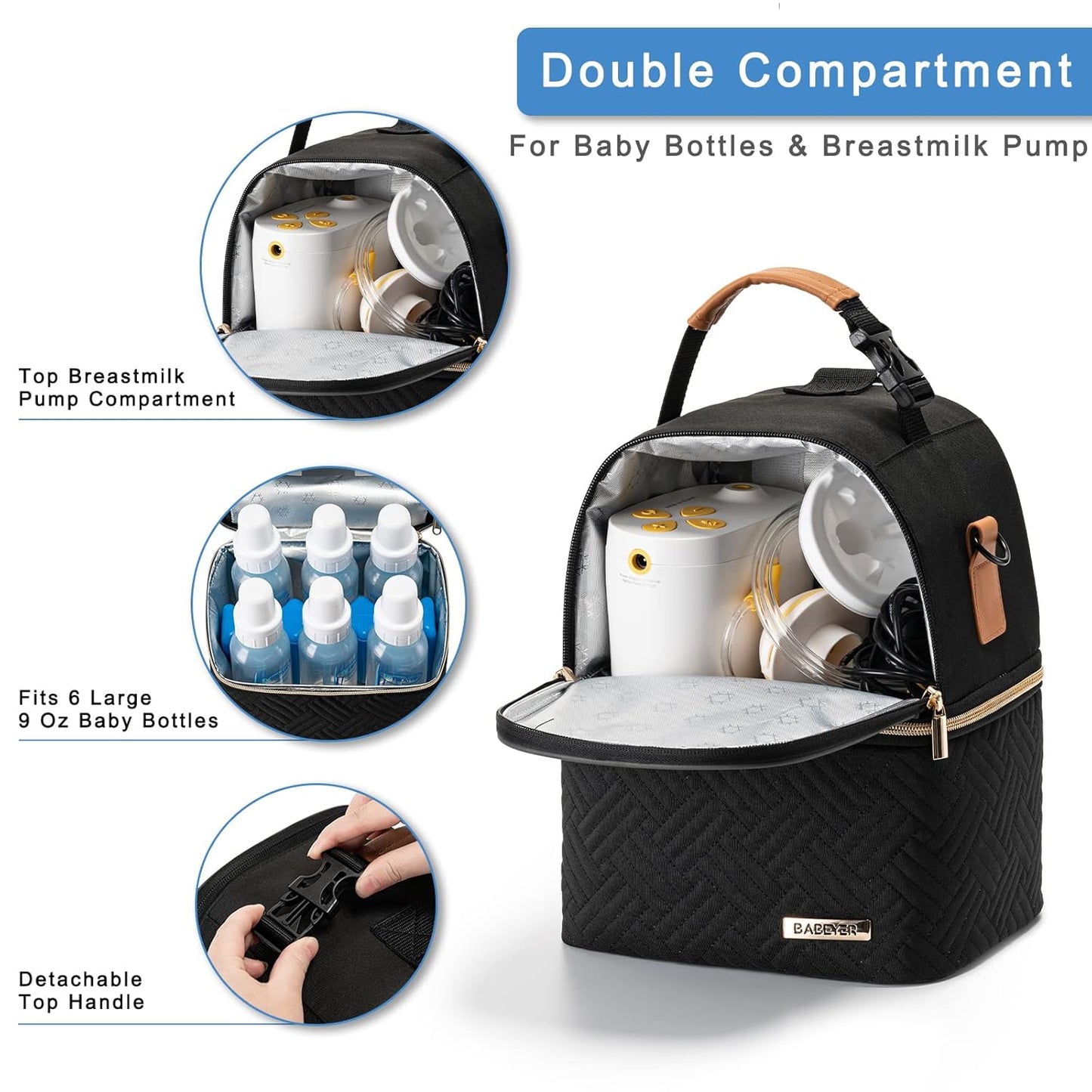 Breastmilk Cooler Bag with Ice Pack Fits 6 Baby Bottles up to 9 Ounce, Breast Milk Pump Cooler Bag with Shoulder Strap for Nursing Mom Daycare, Work, Travel- Black