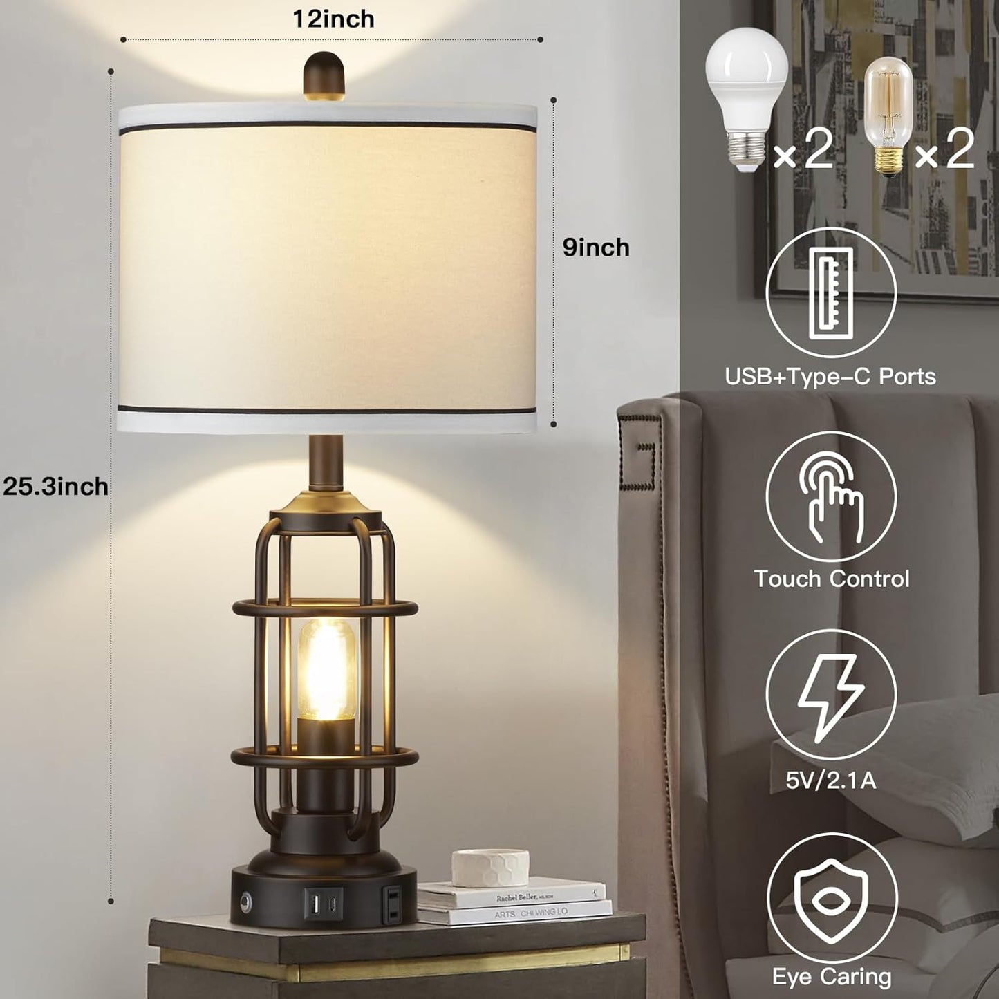Modern Table Lamps Set of 2, Industrial 3-Way Dimmable Bedside Lamp with USB A+C Ports & AC Outlet, 25" Touch Control Nightstand Lamp LED Night Light for Living Room Bedroom Home(4 Bulbs Included)