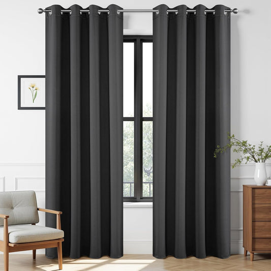 Joydeco Blackout Curtains 90 Inches Long 1 Panel, Thermal Insulated Long Curtains& Drapes 1 Piece, Room Darkening Grommet Drapes for Living Room Bedroom Window (W70 x L90 Inch, Dark Grey)